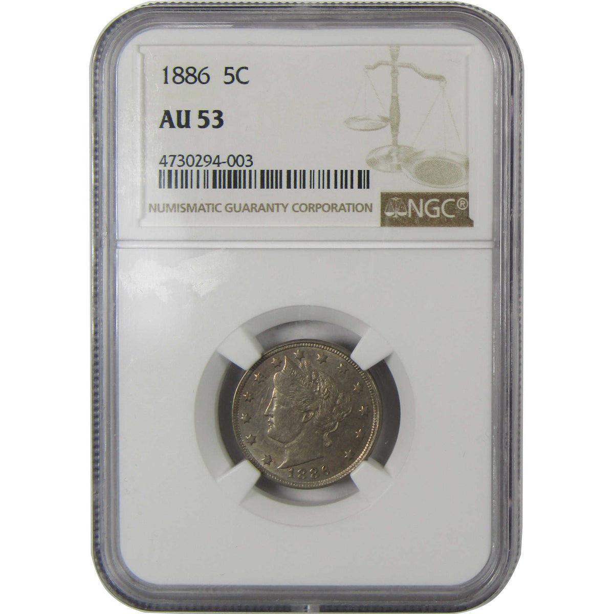 1886 Liberty Head V Nickel AU 53 NGC 5c Coin Collectible