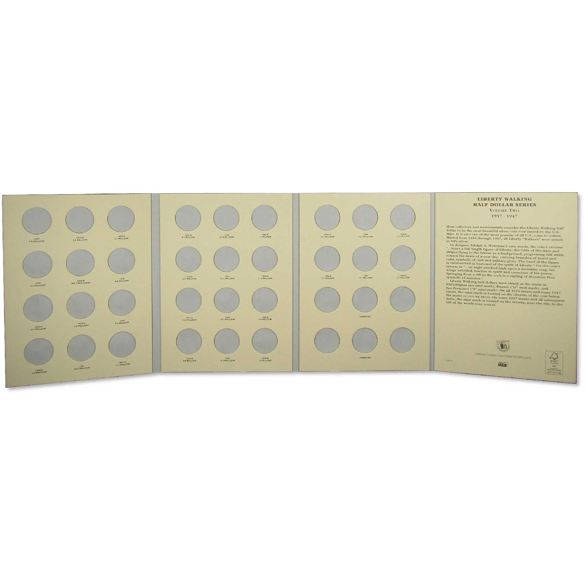 Empty Liberty Walking half dollar coin album folder for coin collectors, open and unfolded