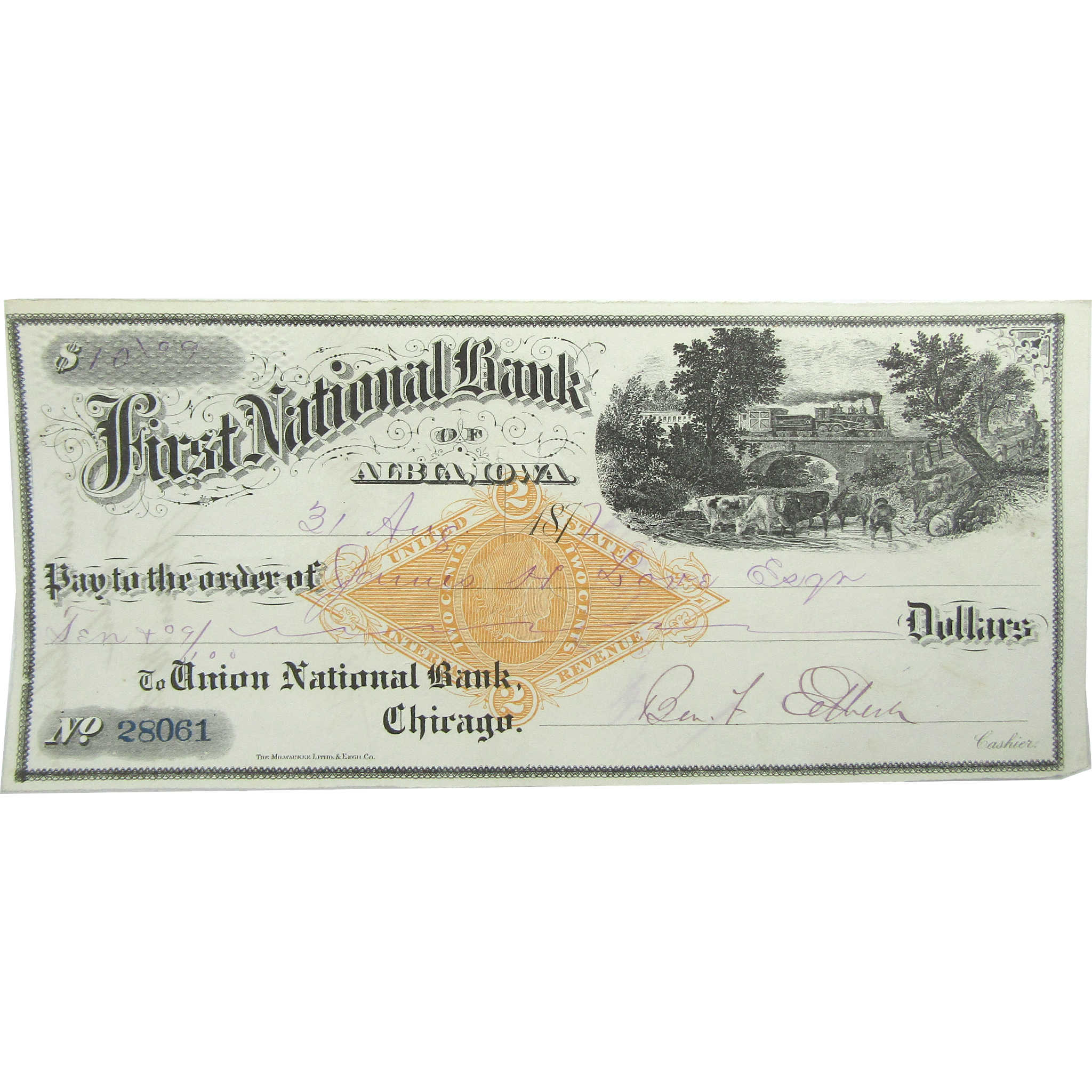 1877-1880 Obsolete Bank Check First National Bank of Albia Iowa