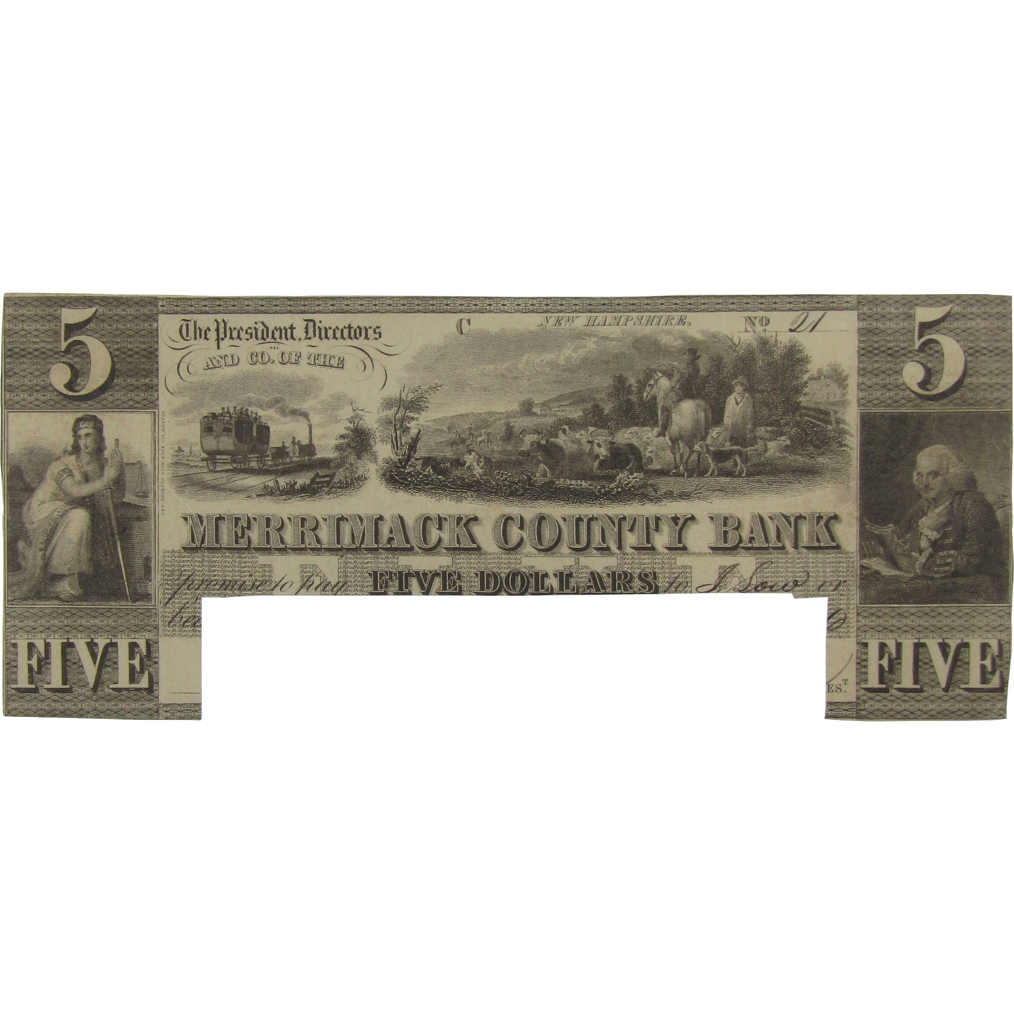 $5 Merrimack County Bank NH Obsolete Note Circulated Cut Canceled