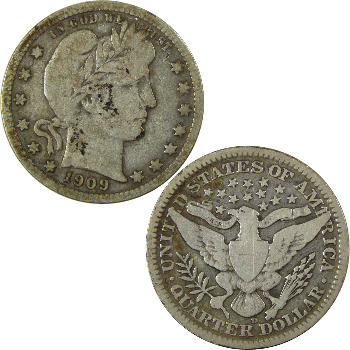 1909 D Barber Silver Quarter VG Very Good 25c Coin SKU:I28519