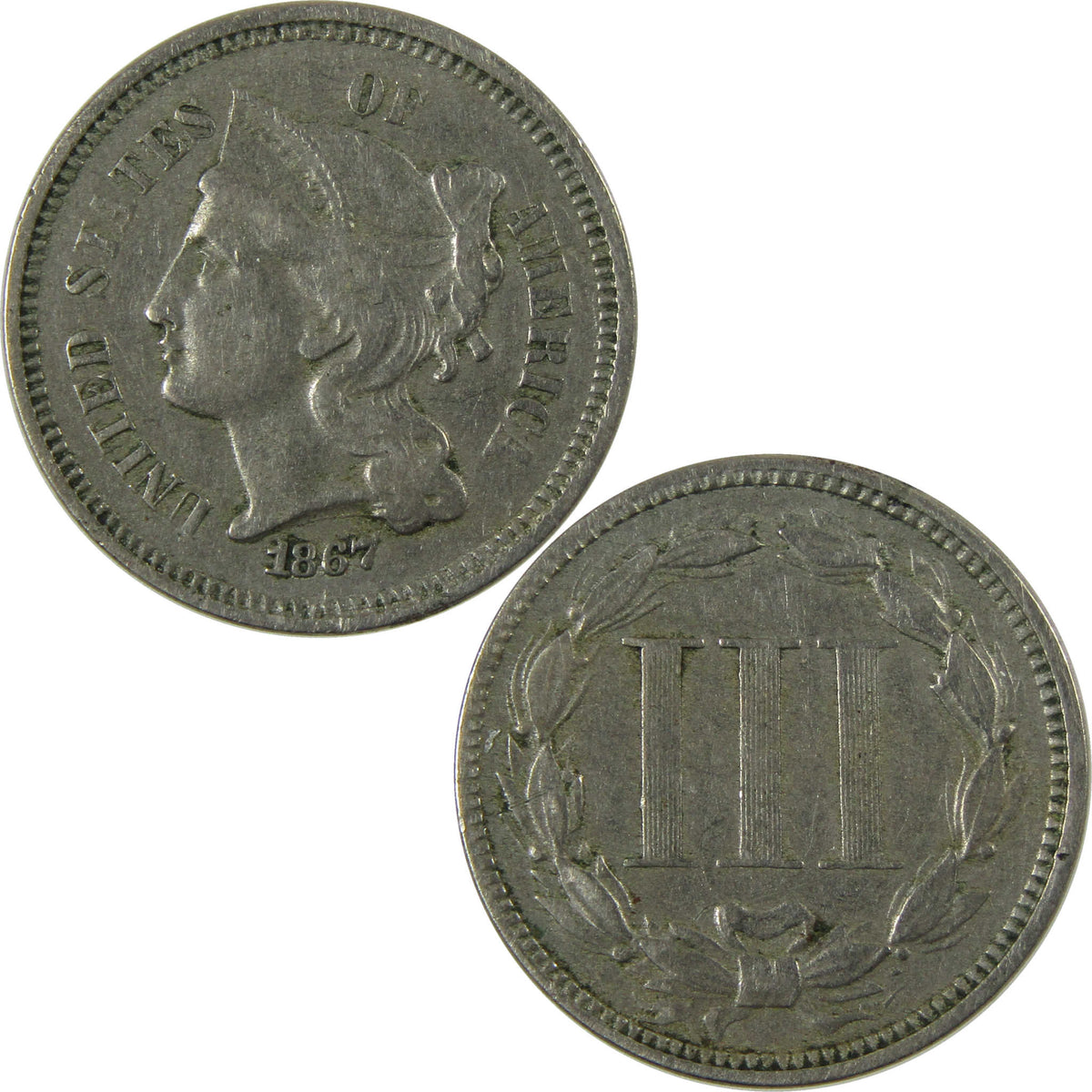 1867 Nickel Three Cent Piece VF Very Fine 3c Coin SKU:I28513