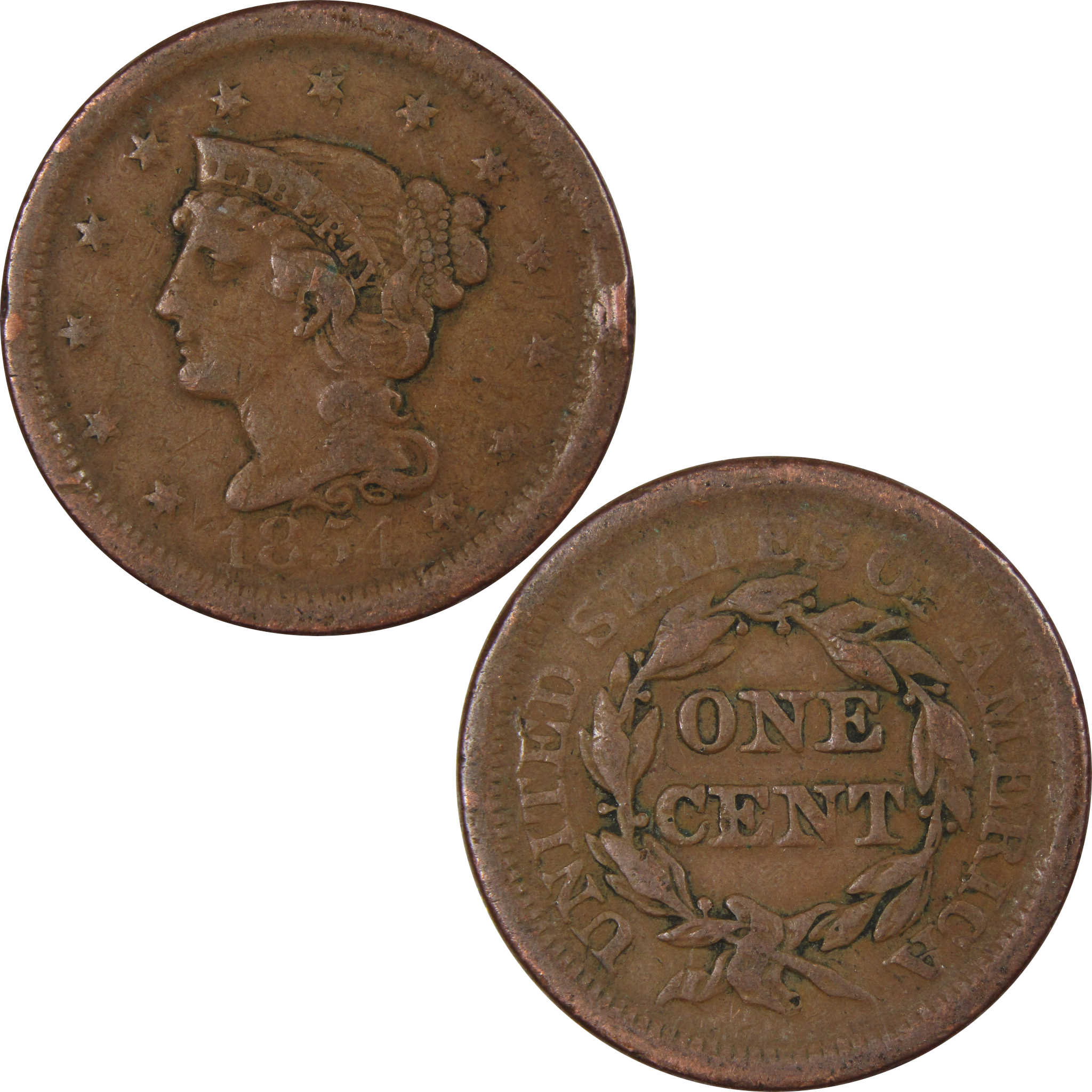 1854 Braided Hair Large Cent AG About Good Copper Penny SKU:IPC9039