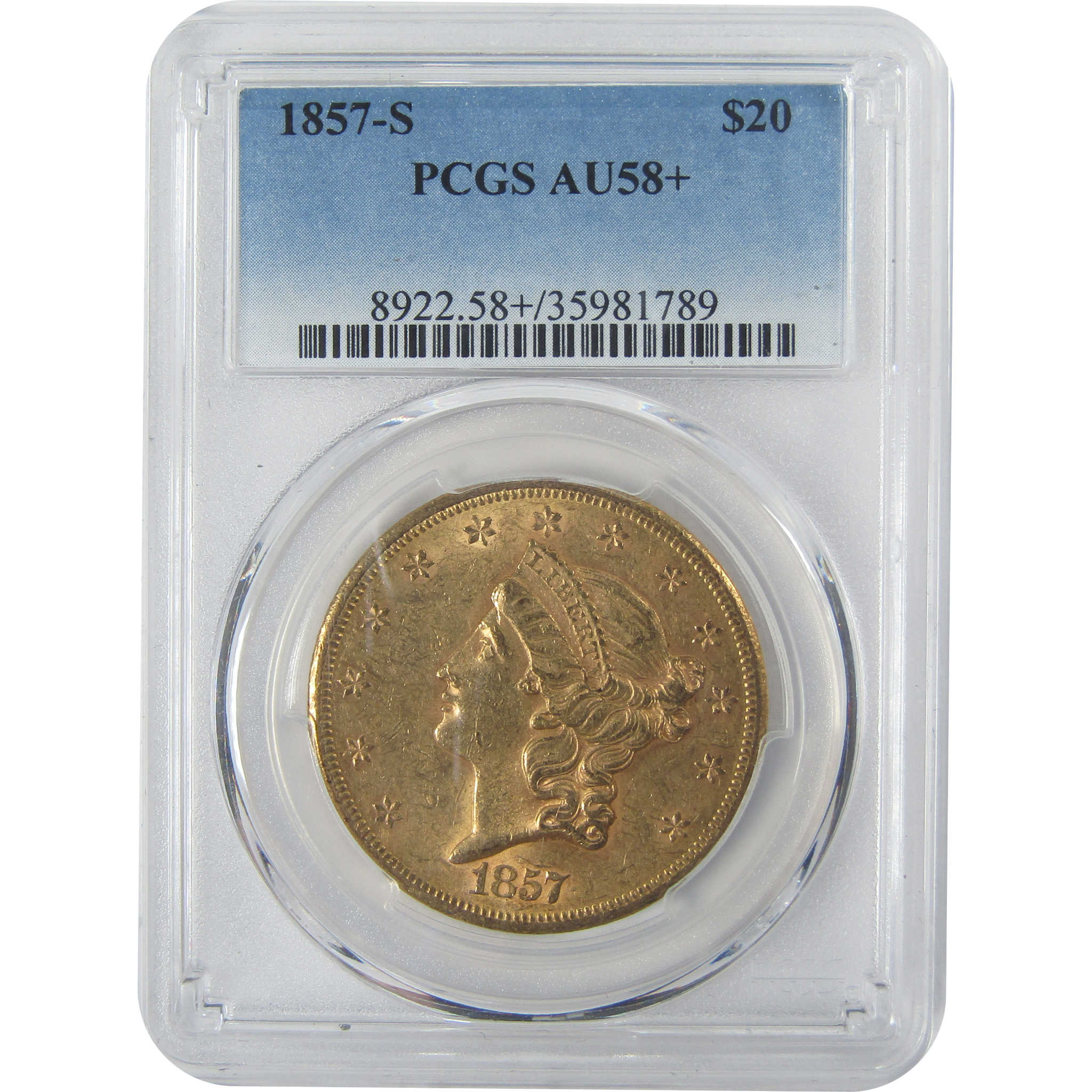 1857 S Liberty Head Double Eagle AU 58+ PCGS Gold $20 Coin