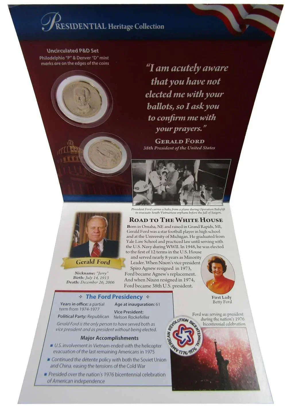2016 P&D Gerald R. Ford Presidential Dollar 2 Coin Set with Bifold