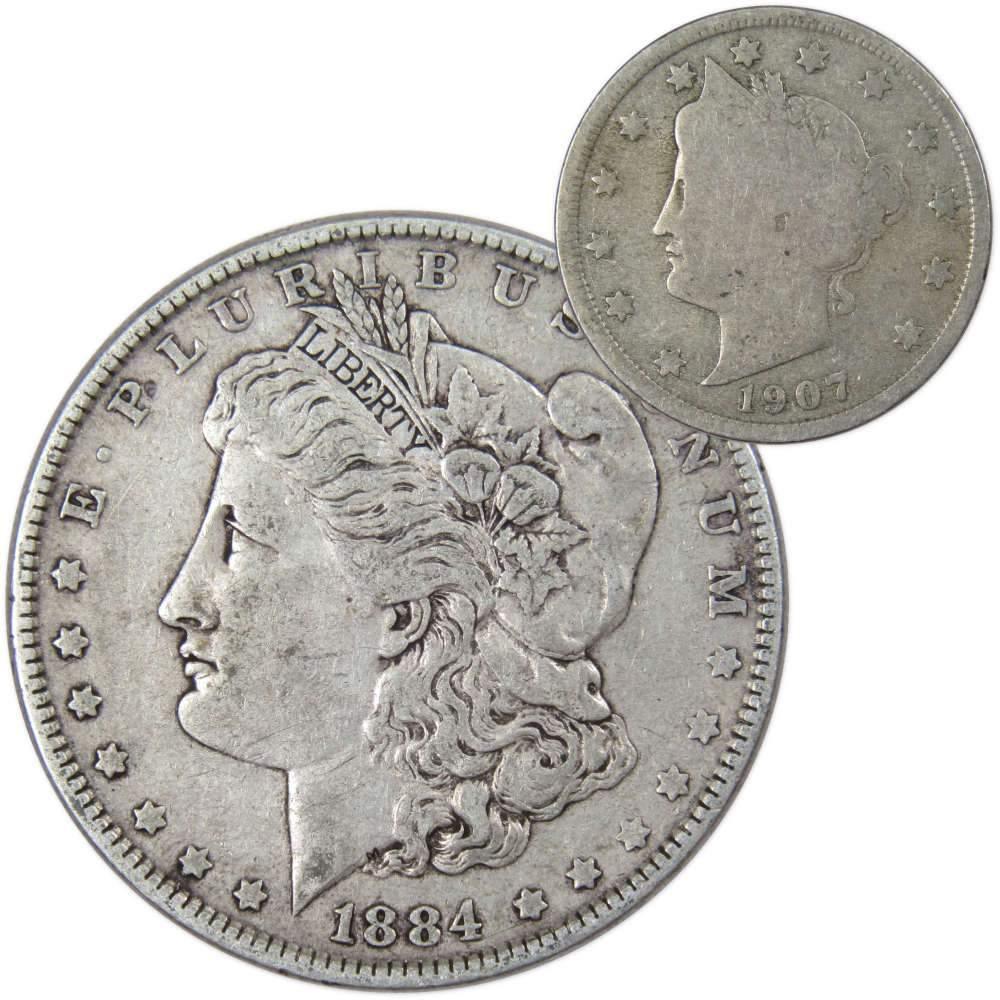 1884 Morgan Silver Dollar VF Very Fine with 1907 Liberty Nickel Good - Morgan coin - Morgan silver dollar - Morgan silver dollar for sale - Profile Coins &amp; Collectibles