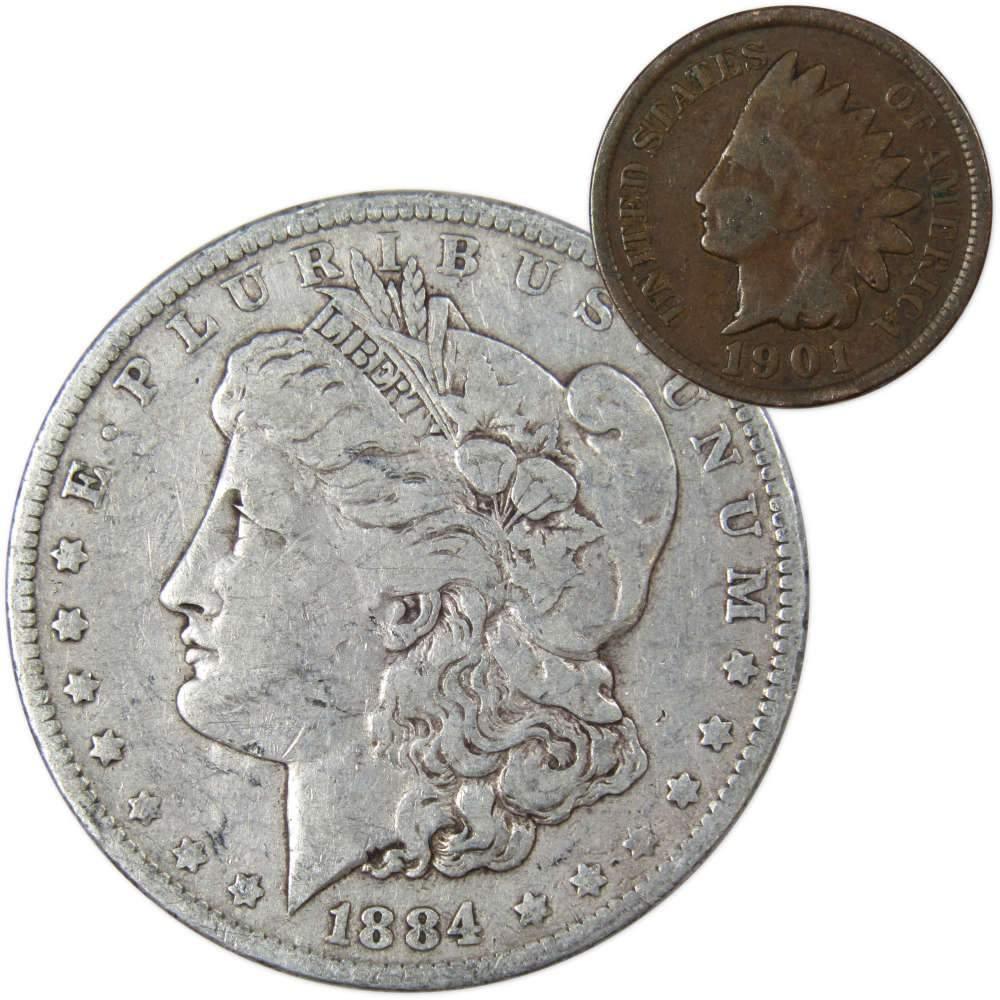 1884 O Morgan Silver Dollar F Fine with 1901 Indian Head Cent Good - Morgan coin - Morgan silver dollar - Morgan silver dollar for sale - Profile Coins &amp; Collectibles