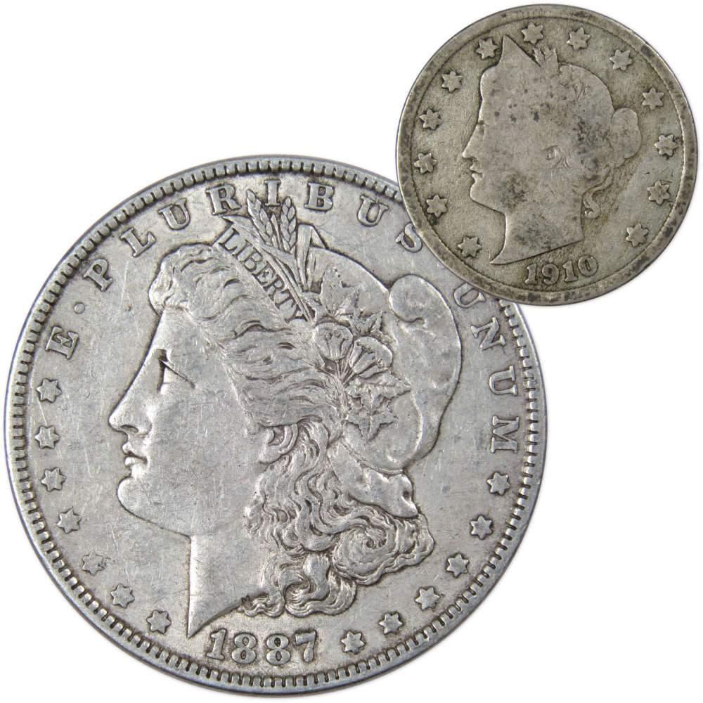 1887 Morgan Silver Dollar VF Very Fine with 1910 Liberty Nickel Good - Morgan coin - Morgan silver dollar - Morgan silver dollar for sale - Profile Coins &amp; Collectibles