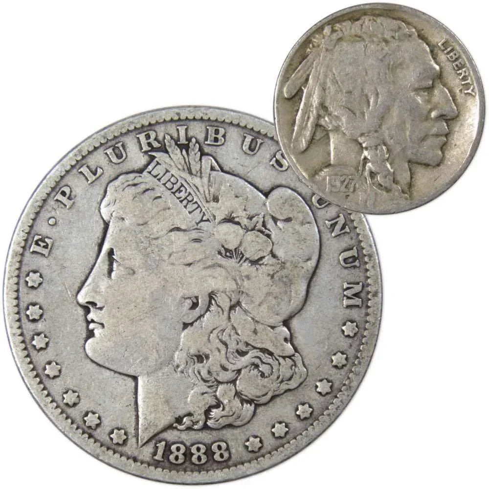 1888 Morgan Silver Dollar VG Very Good with 1927 Buffalo Nickel Fine - Morgan coin - Morgan silver dollar - Morgan silver dollar for sale - Profile Coins &amp; Collectibles