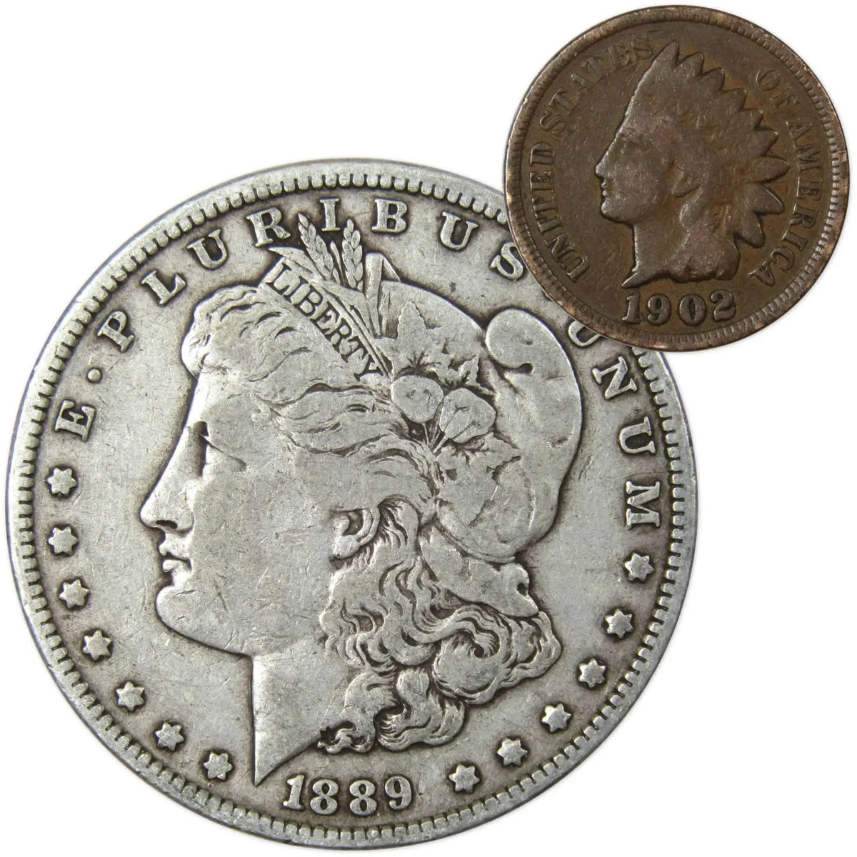 1889 Morgan Silver Dollar F Fine with 1902 Indian Head Cent Good - Morgan coin - Morgan silver dollar - Morgan silver dollar for sale - Profile Coins &amp; Collectibles