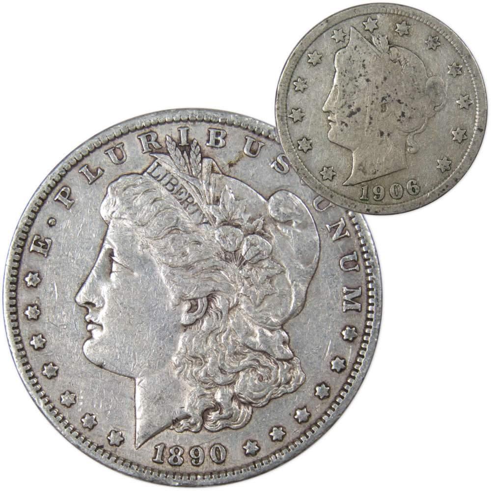 1890 S Morgan Silver Dollar VF Very Fine with 1906 Liberty Nickel Good - Morgan coin - Morgan silver dollar - Morgan silver dollar for sale - Profile Coins &amp; Collectibles