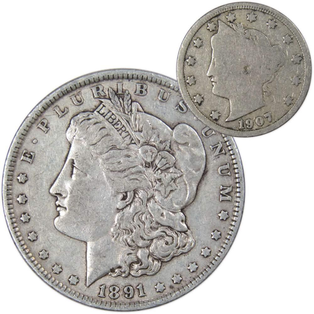 1891 Morgan Silver Dollar VF Very Fine with 1907 Liberty Nickel Good - Morgan coin - Morgan silver dollar - Morgan silver dollar for sale - Profile Coins &amp; Collectibles