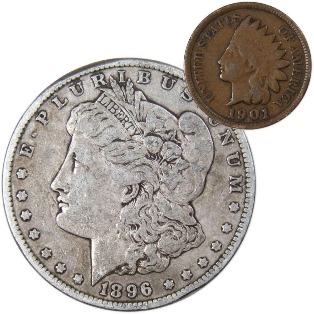 1896 Morgan Silver Dollar F Fine with 1901 Indian Head Cent Good - Morgan coin - Morgan silver dollar - Morgan silver dollar for sale - Profile Coins &amp; Collectibles