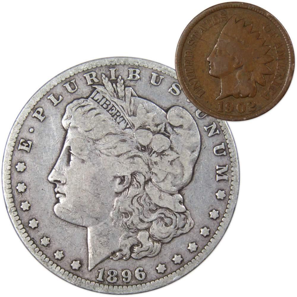 1896 O Morgan Silver Dollar F Fine with 1902 Indian Head Cent Good - Morgan coin - Morgan silver dollar - Morgan silver dollar for sale - Profile Coins &amp; Collectibles