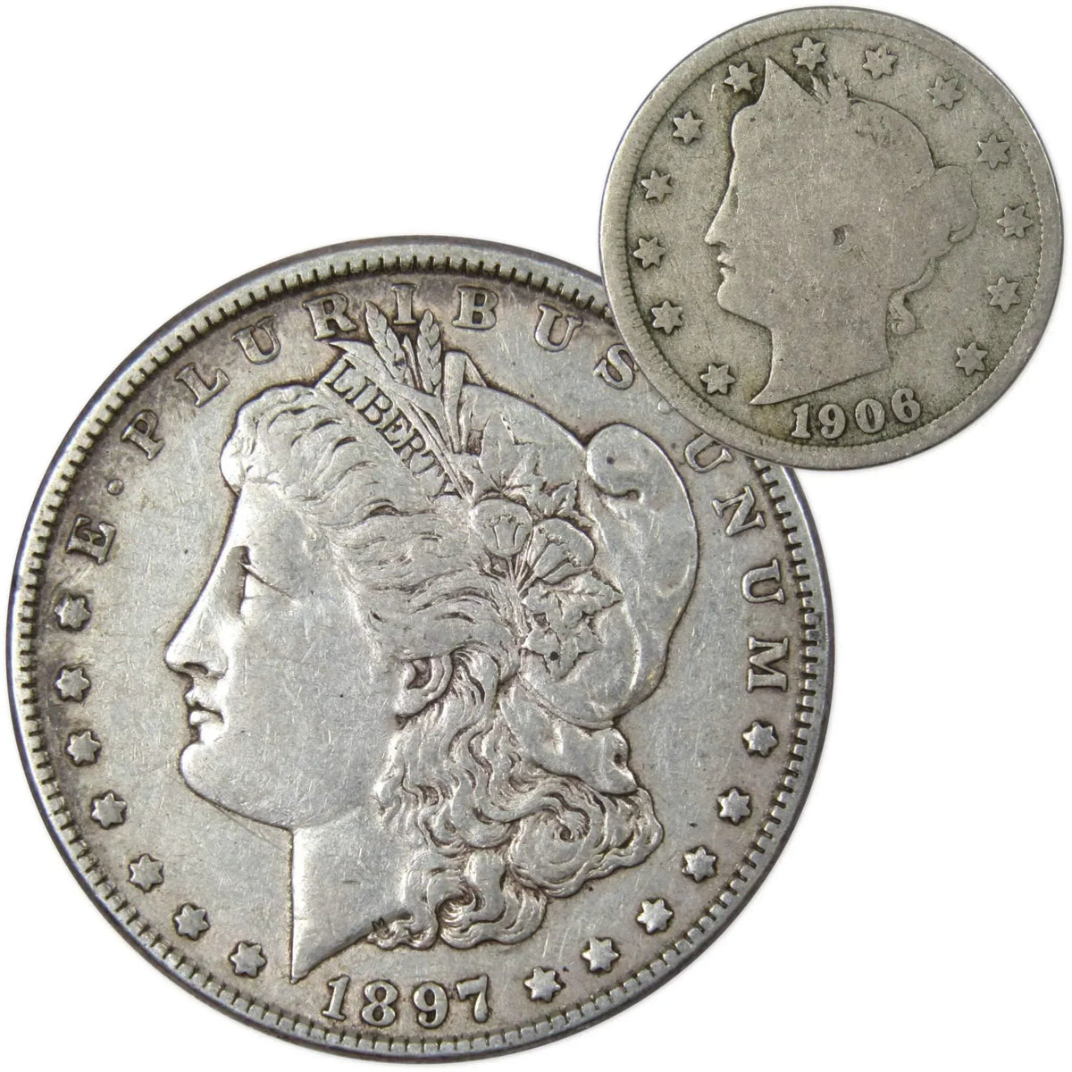 1897 Morgan Silver Dollar VF Very Fine with 1906 Liberty Nickel Good - Morgan coin - Morgan silver dollar - Morgan silver dollar for sale - Profile Coins &amp; Collectibles