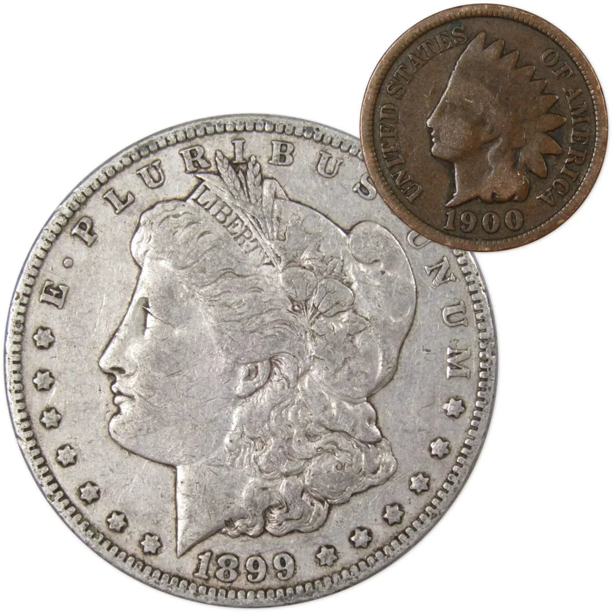 1899 O Morgan Silver Dollar F Fine with 1900 Indian Head Cent Good - Morgan coin - Morgan silver dollar - Morgan silver dollar for sale - Profile Coins &amp; Collectibles