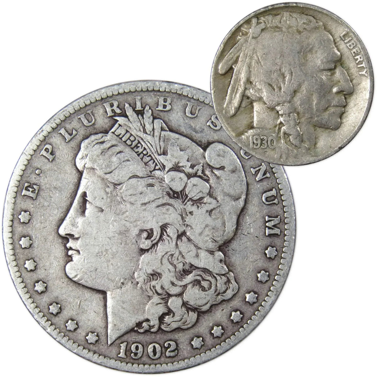 1902 Morgan Silver Dollar VG Very Good with 1930 S Buffalo Nickel Fine - Morgan coin - Morgan silver dollar - Morgan silver dollar for sale - Profile Coins &amp; Collectibles