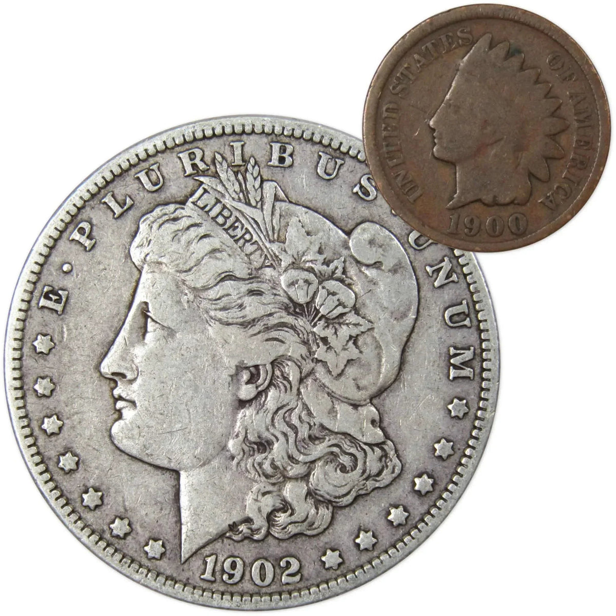 1902 Morgan Silver Dollar F Fine with 1900 Indian Head Cent Good - Morgan coin - Morgan silver dollar - Morgan silver dollar for sale - Profile Coins &amp; Collectibles