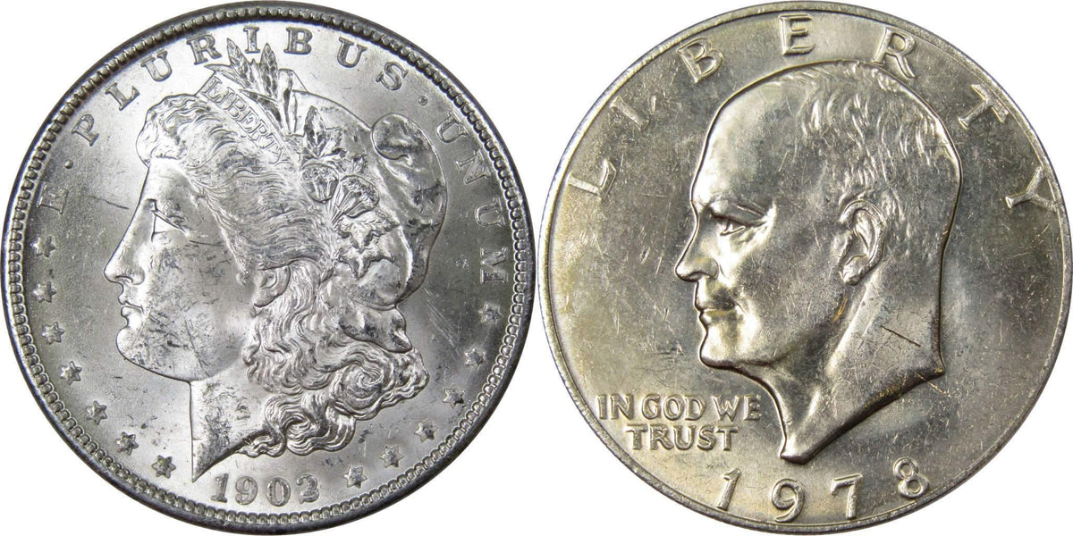 1902 O Morgan Silver Dollar Uncirculated with 1978 Eisenhower $1 Unc - Morgan coin - Morgan silver dollar - Morgan silver dollar for sale - Profile Coins &amp; Collectibles