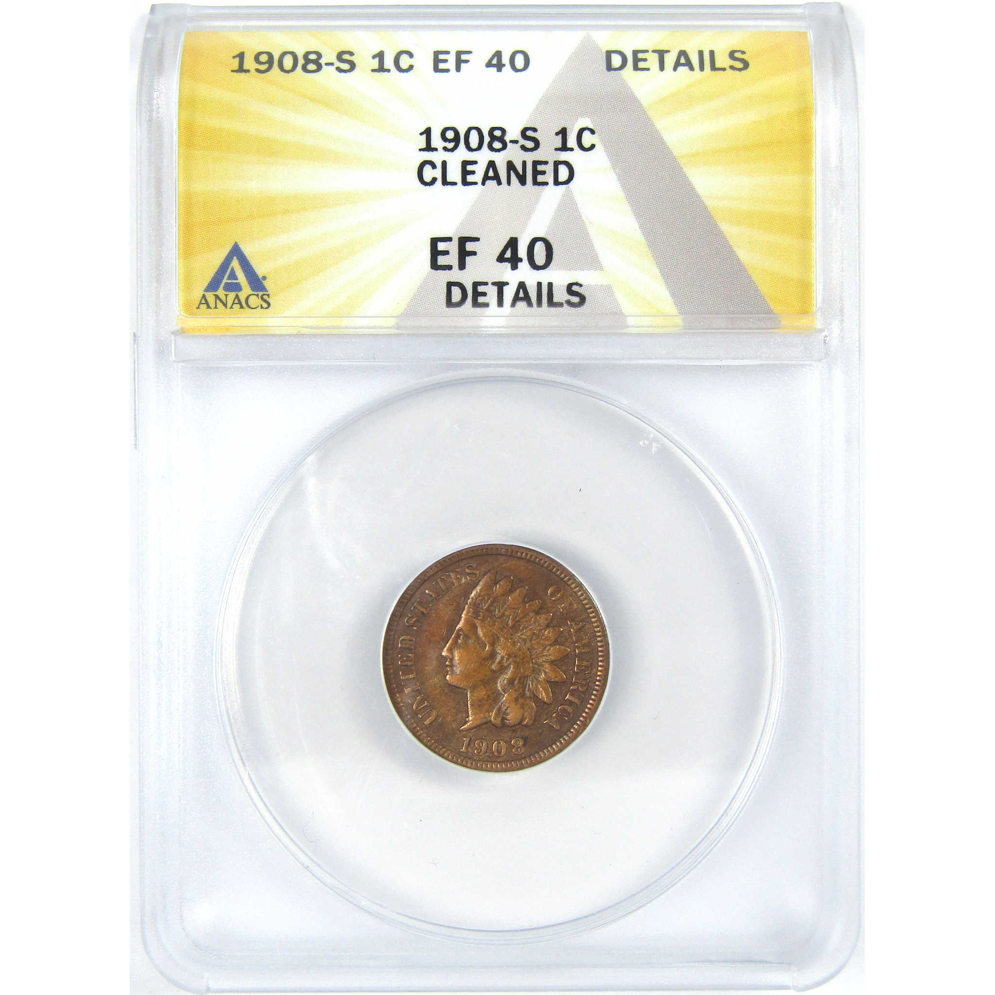 1908 S Indian Head Cent EF 40 Details ANACS Penny 1c Coin SKU:I16092