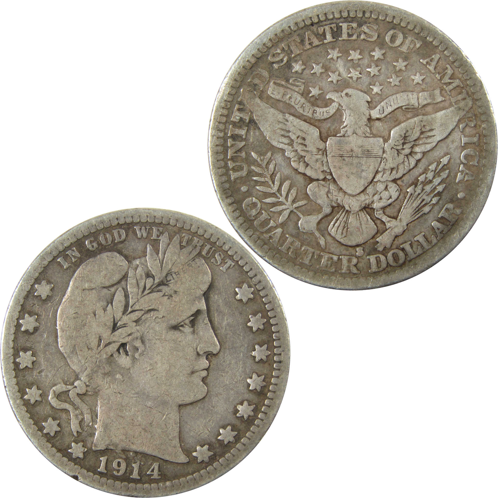 1914 S Barber Silver Quarter F Fine 25c Coin SKU:I28489