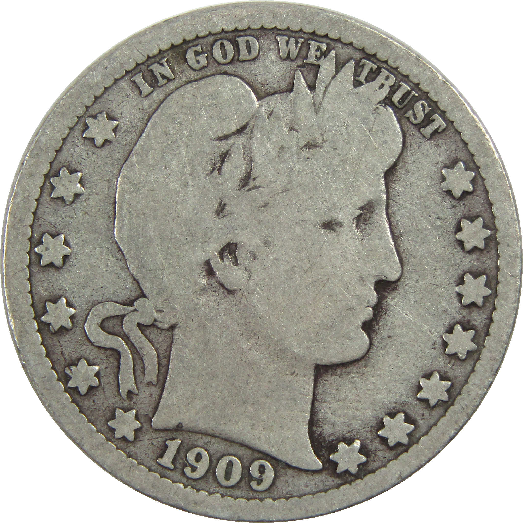 1909 D Barber Quarter G Good Silver 25c Coin SKU:I13173