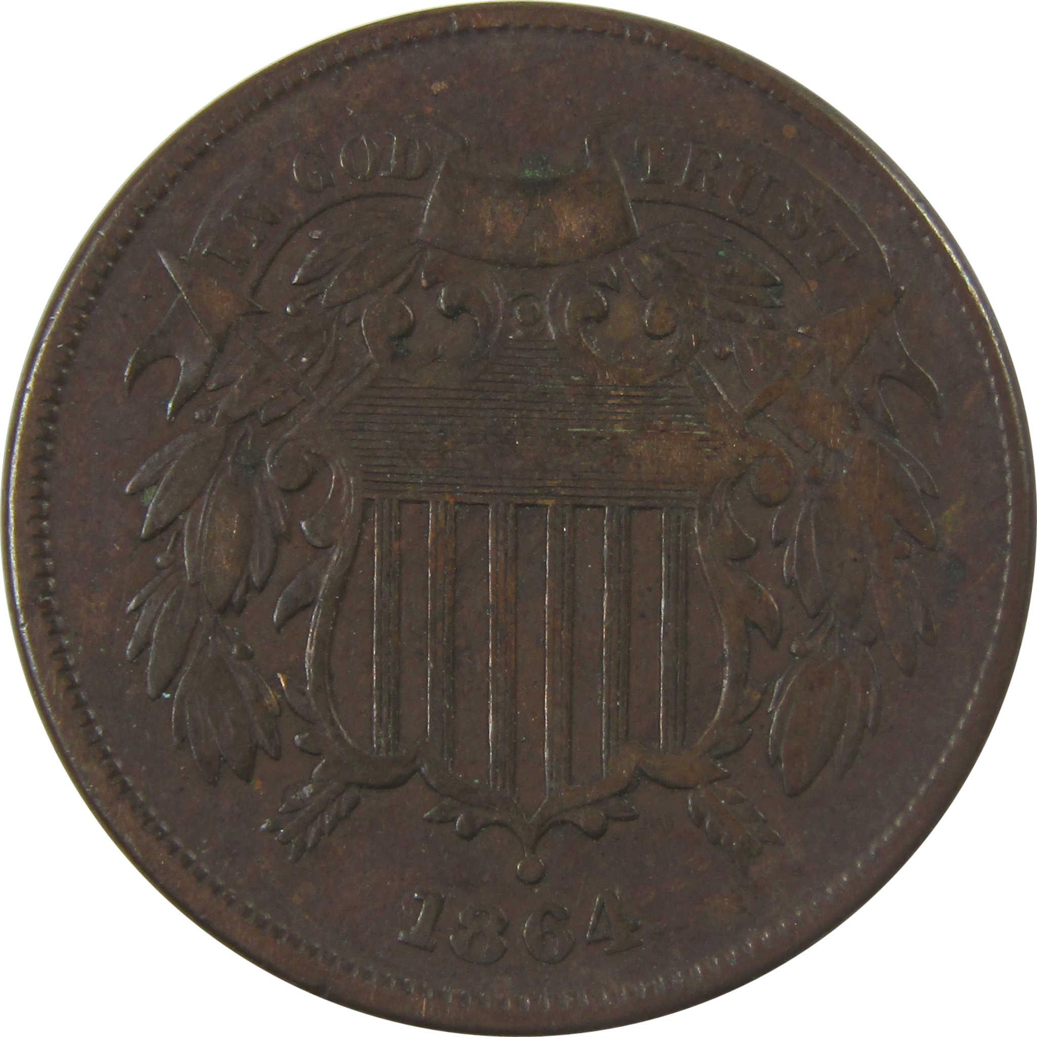 1864 Large Motto Two Cent Piece F Fine 2c Coin SKU:I25247