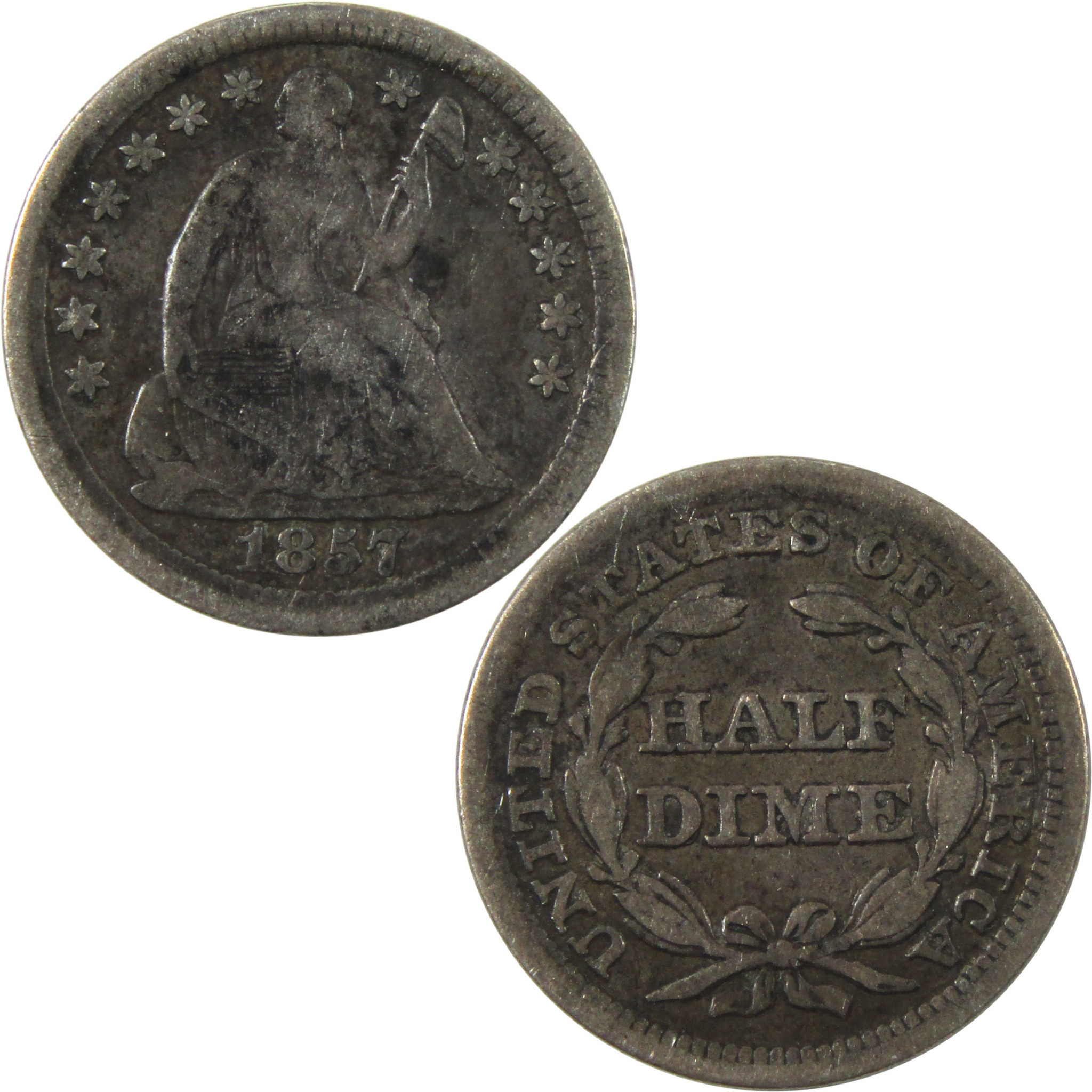 1857 Seated Liberty Half Dime F Fine Silver 5c Coin SKU:I14138