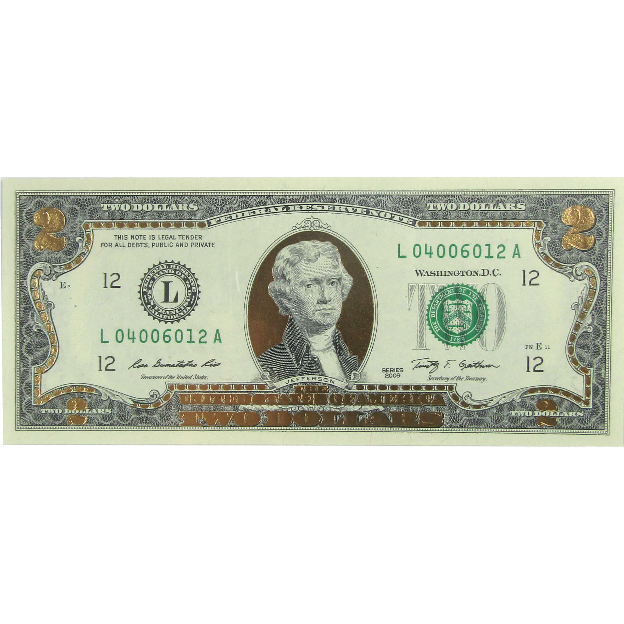 2009 $2 Federal Reserve Note 22 Karat Gold Foil Edition SKU:CPC9400