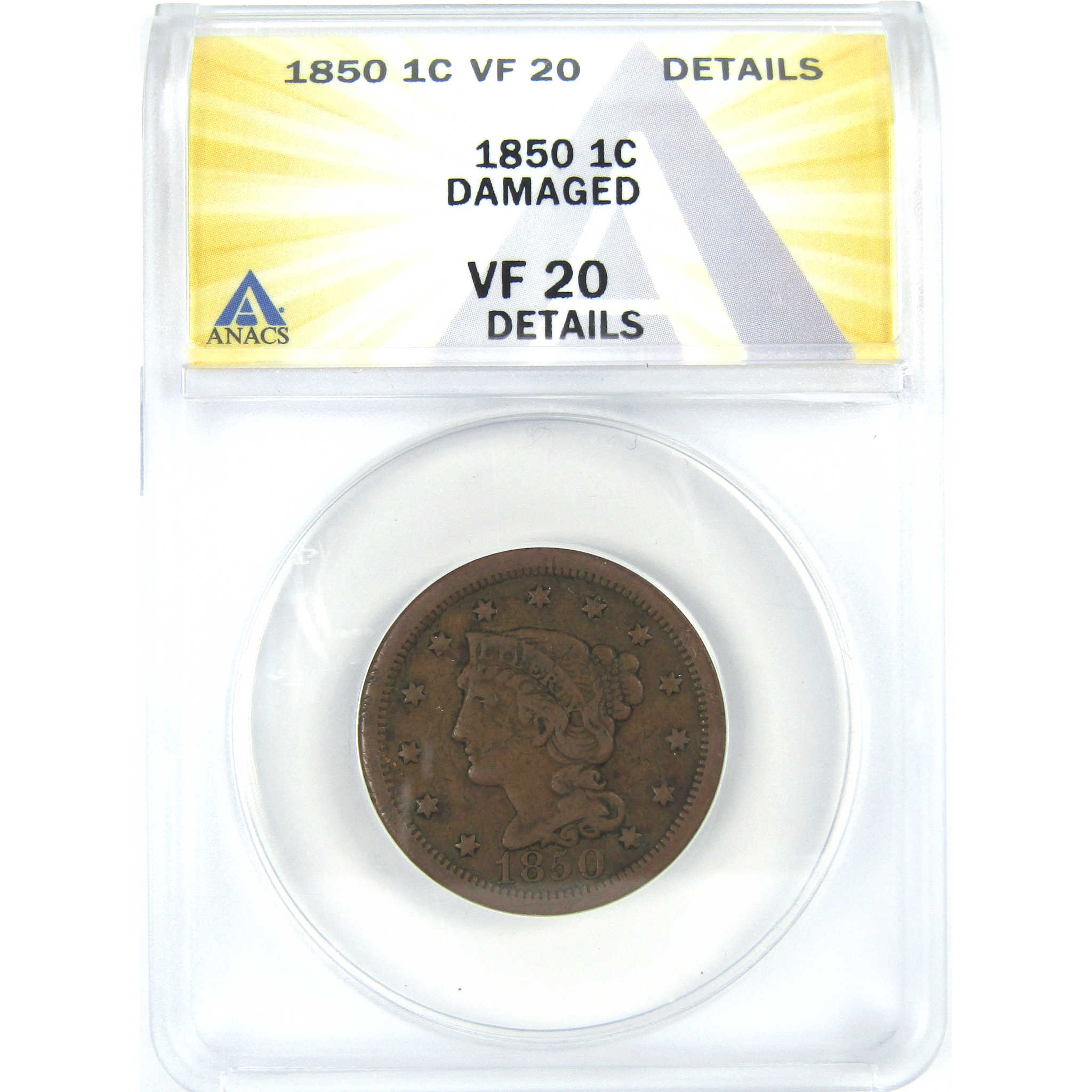 1850 Braided Hair Large Cent VF 20 Details ANACS Copper SKU:I16058