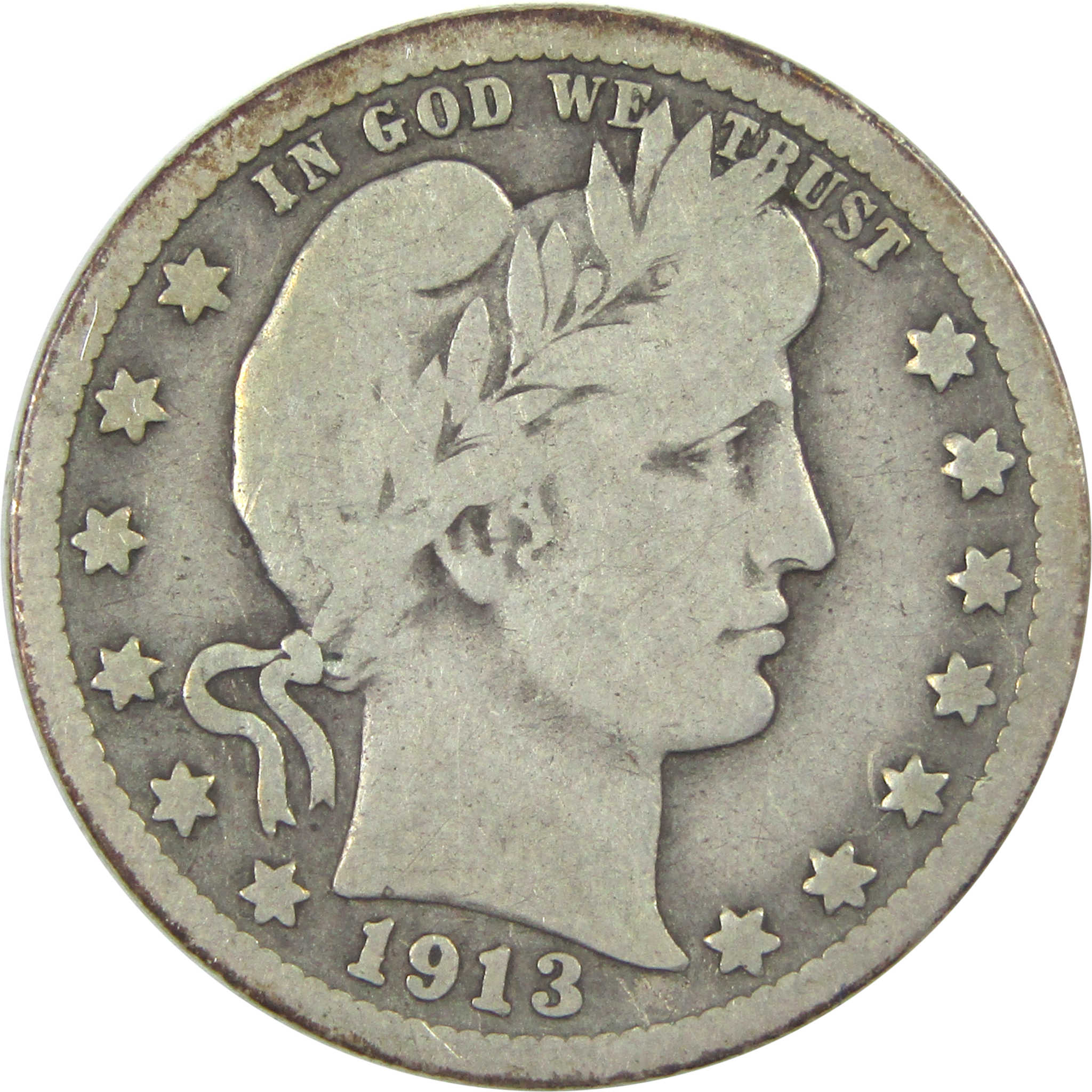 1913 D Barber Quarter G Good Silver 25c Coin SKU:I15339