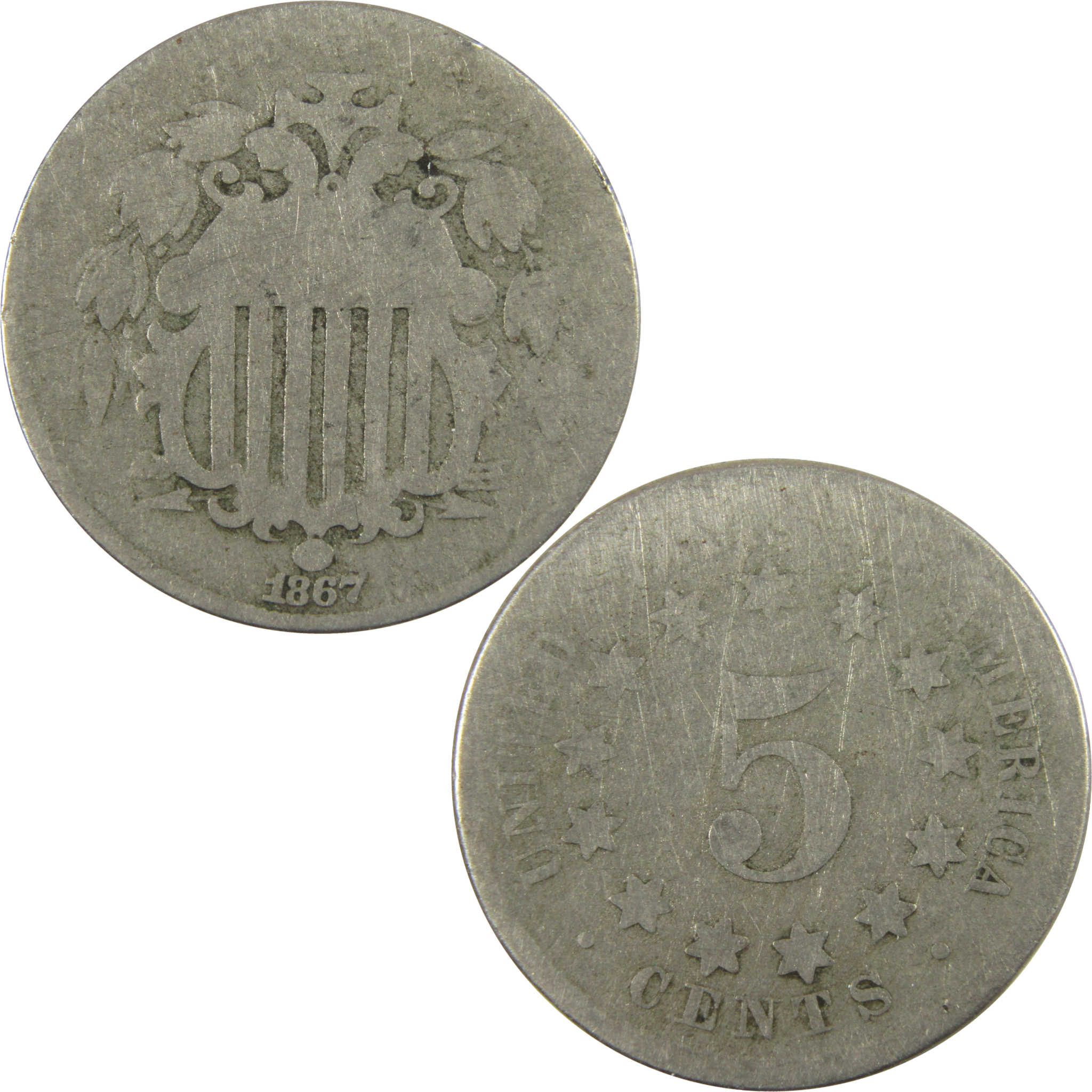 1867 No Rays Shield Nickel AG About Good 5c Coin SKU:I28221