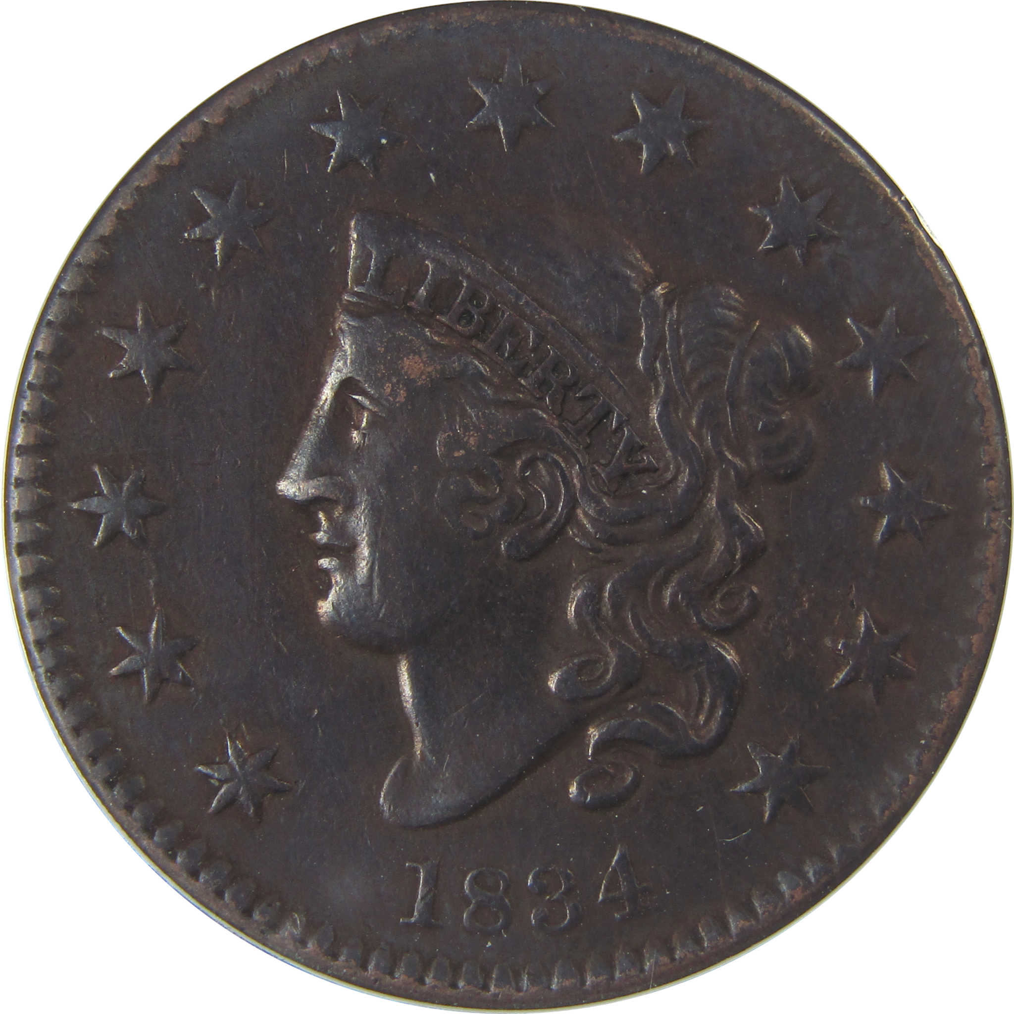 1834 Small 8 Large Stars Large Cent VF 30 Details ANACS SKU:CPC1141