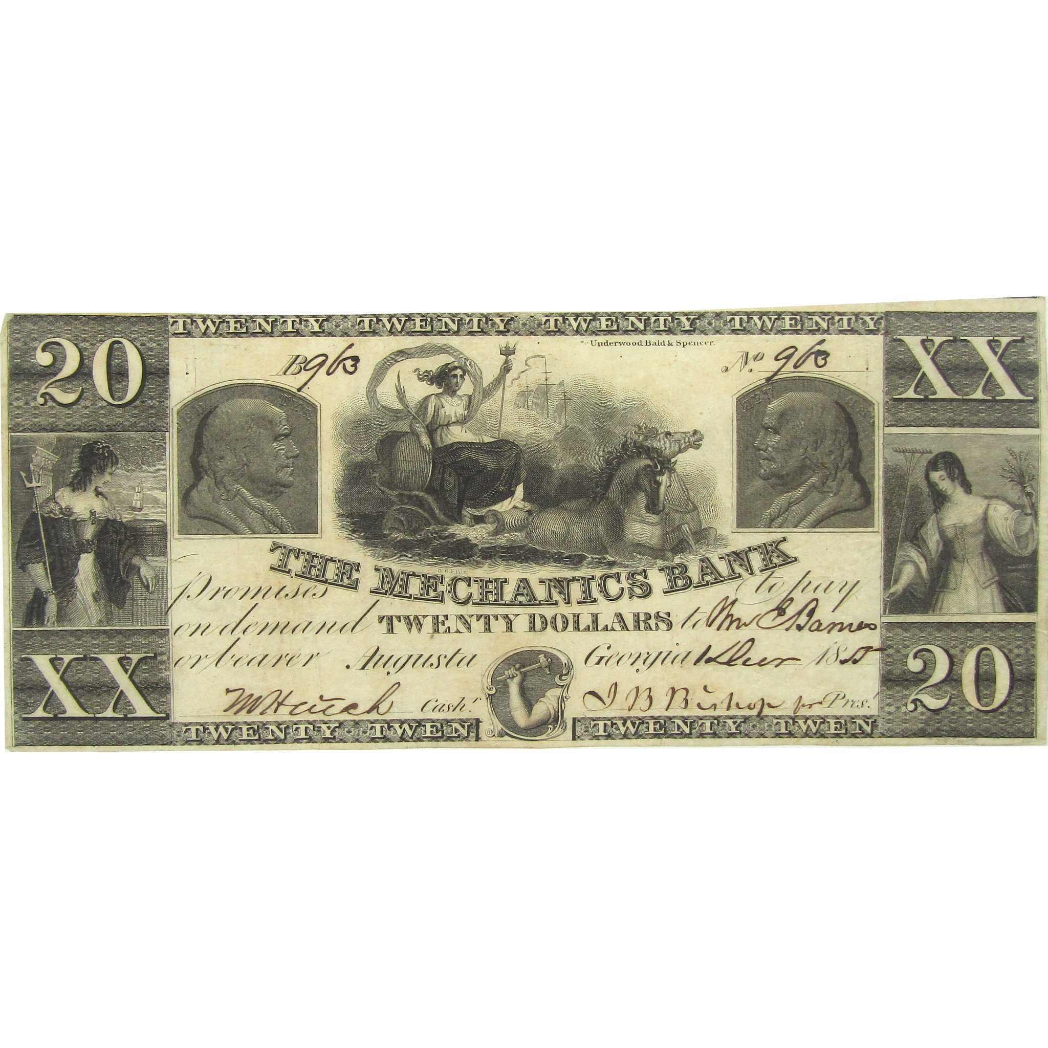 $20 Mechanics Bank of Augusta GA Obsolete Currency Note