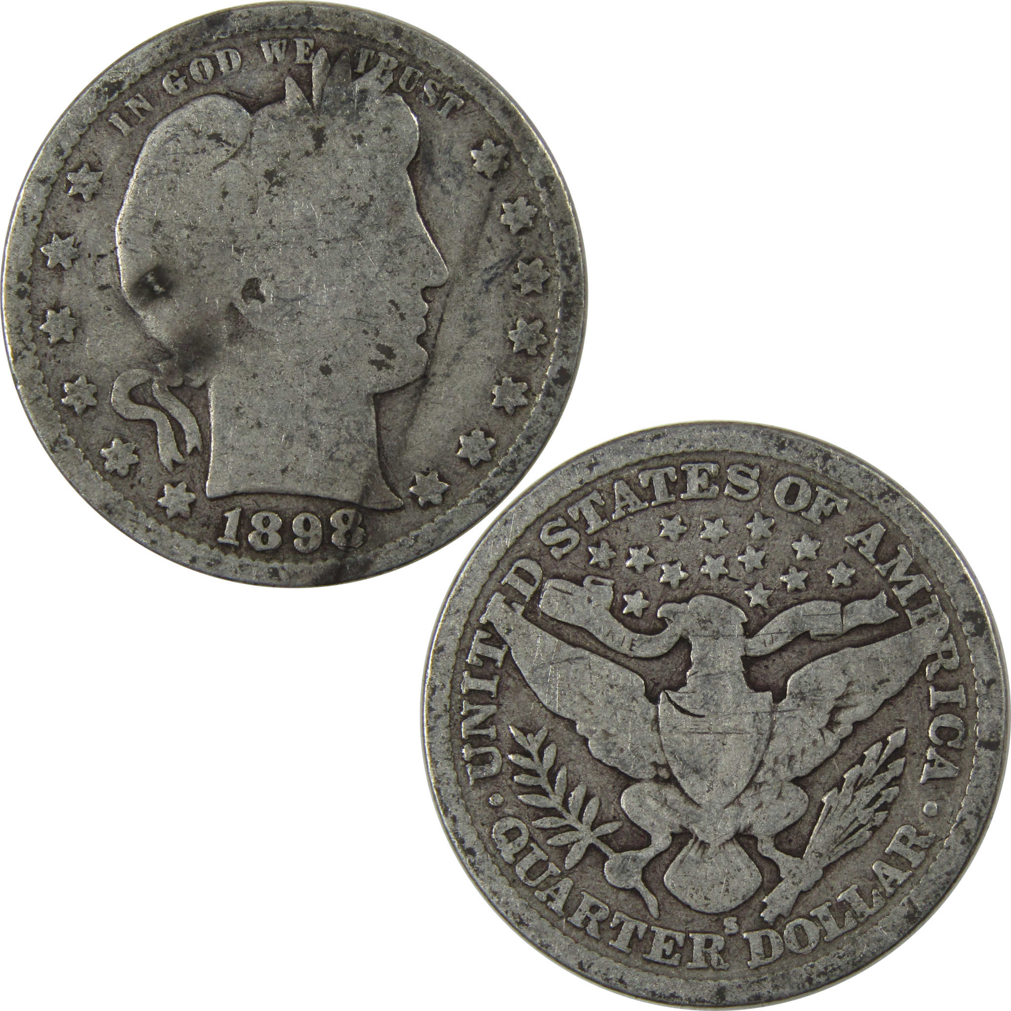 1898 S Barber Quarter G Good Details Silver 25c Coin Toned SKU:I23718