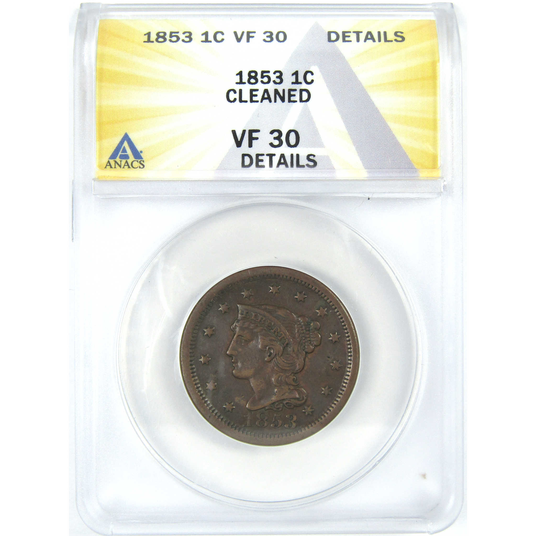 1853 Braided Hair Large Cent VF 30 Details ANACS Copper SKU:I16059