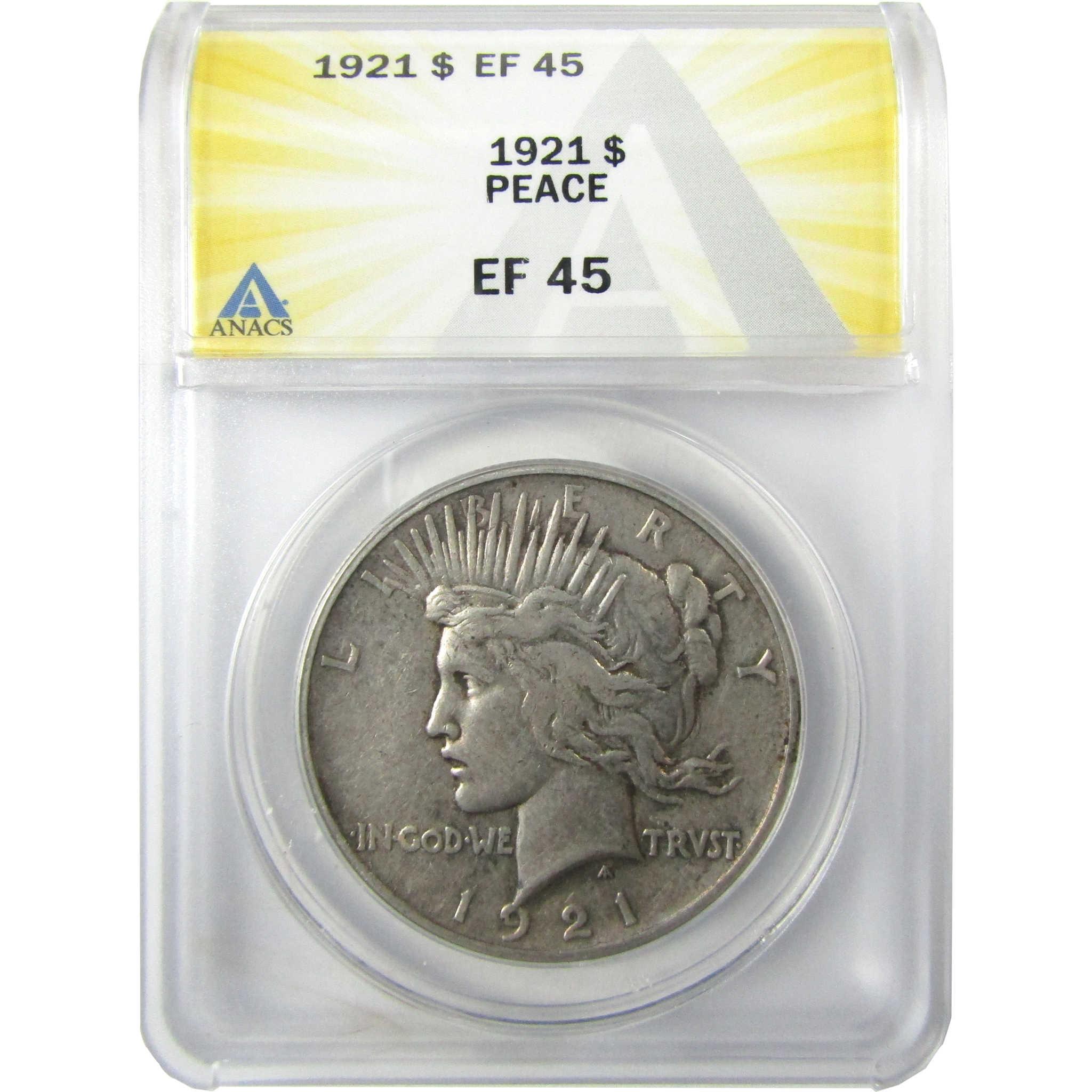 1921 High Relief Peace Silver Dollar EF 45 ANACS $1 Coin SKU:I25677