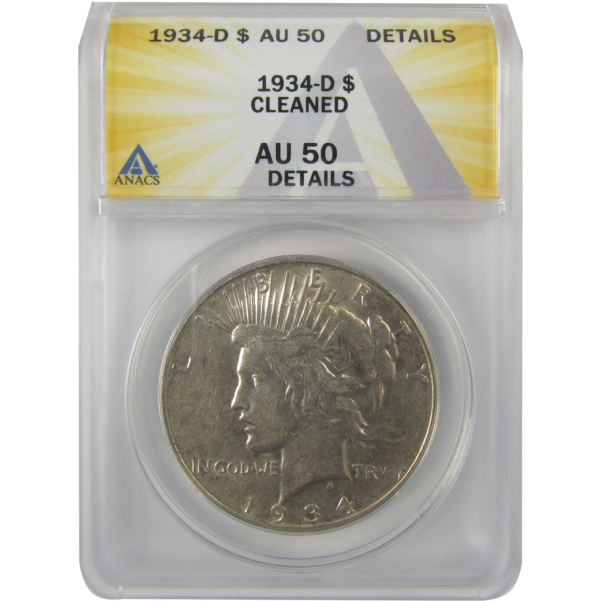 1934 D Peace Dollar AU 50 Details ANACS Silver $1 Coin SKU:I21583
