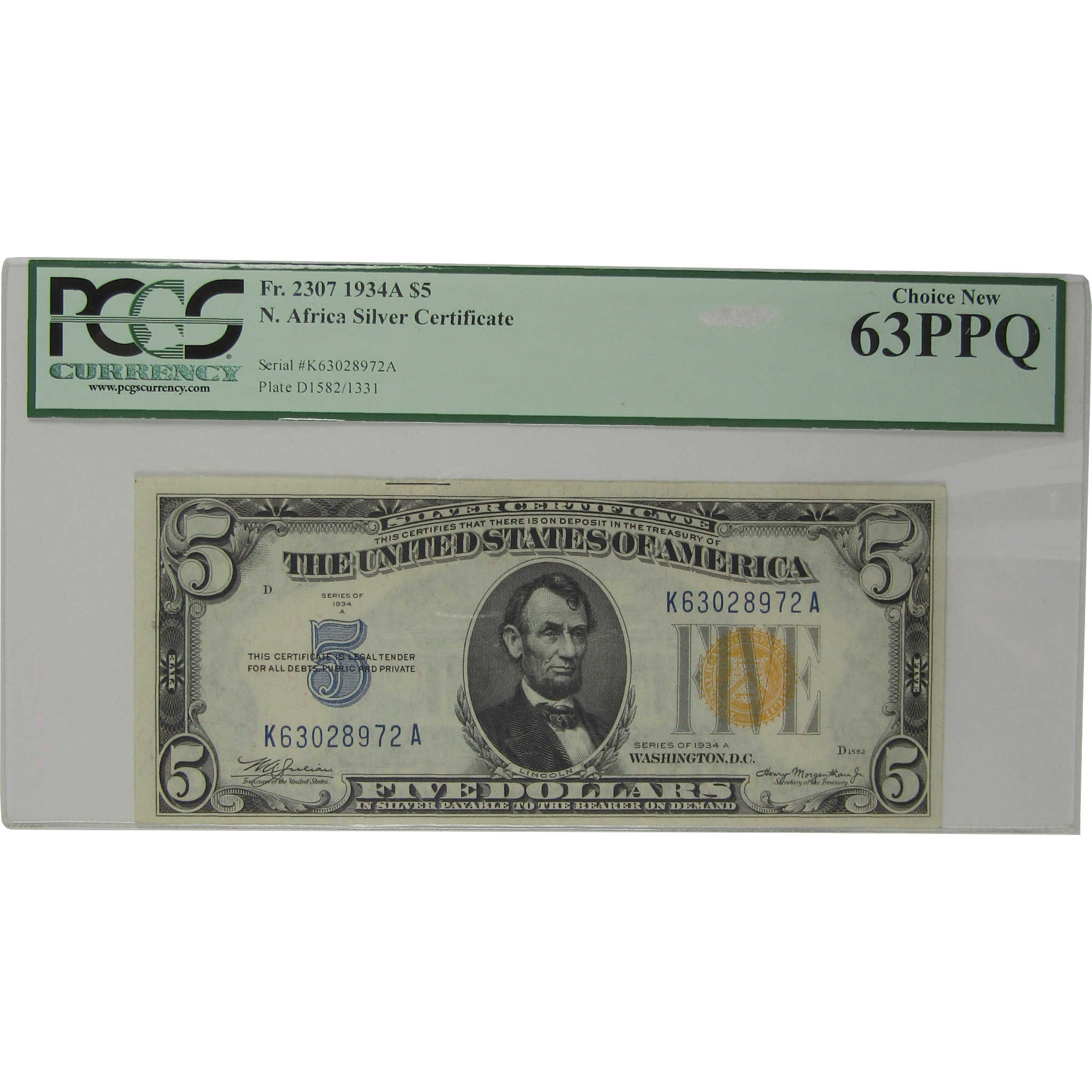 1934 A $5 Silver Certificate North Africa WWII Fr 2307 Unc 63 PPQ PCGS