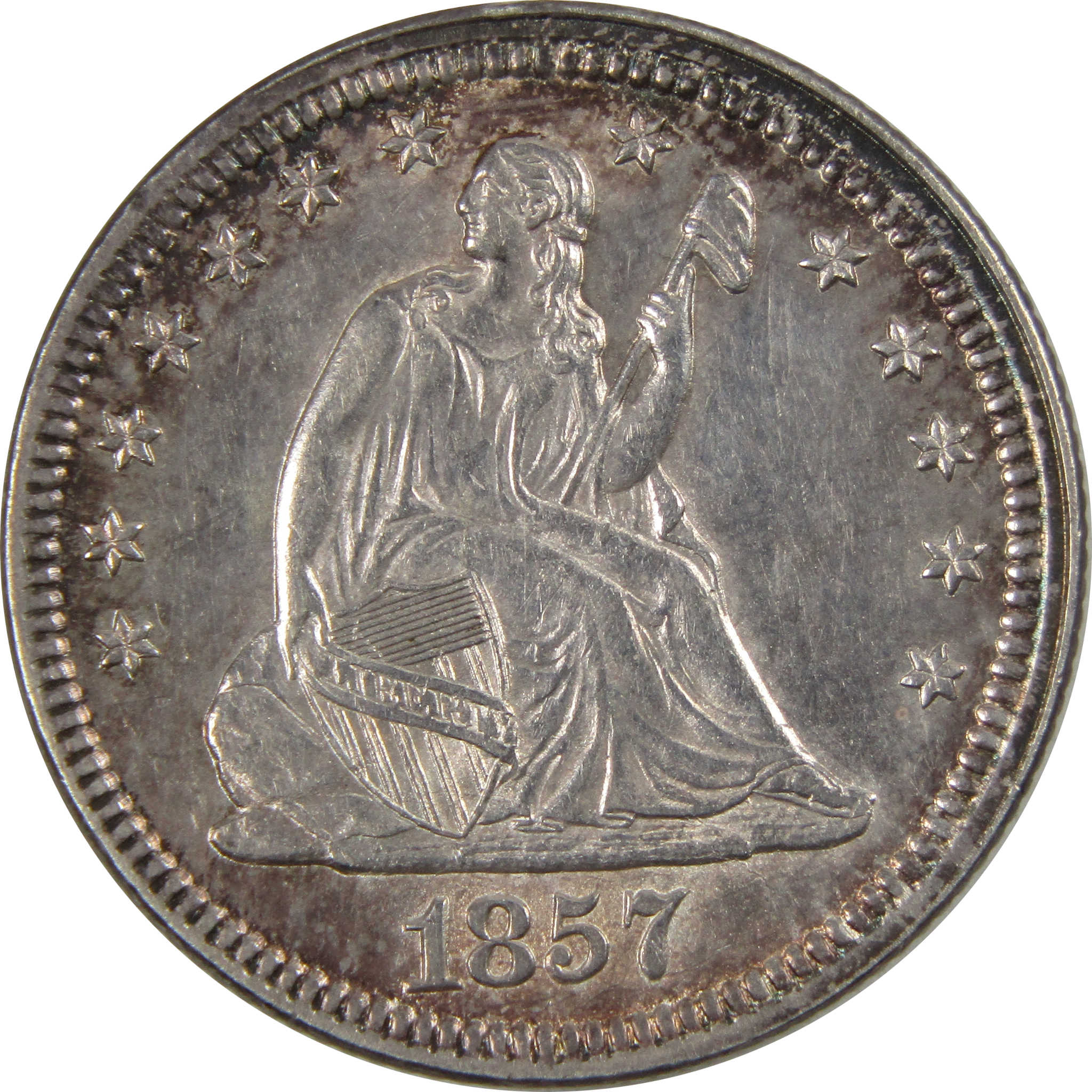 1857 Seated Liberty Quarter Borderline Unc 90% Silver 25c SKU:I7767
