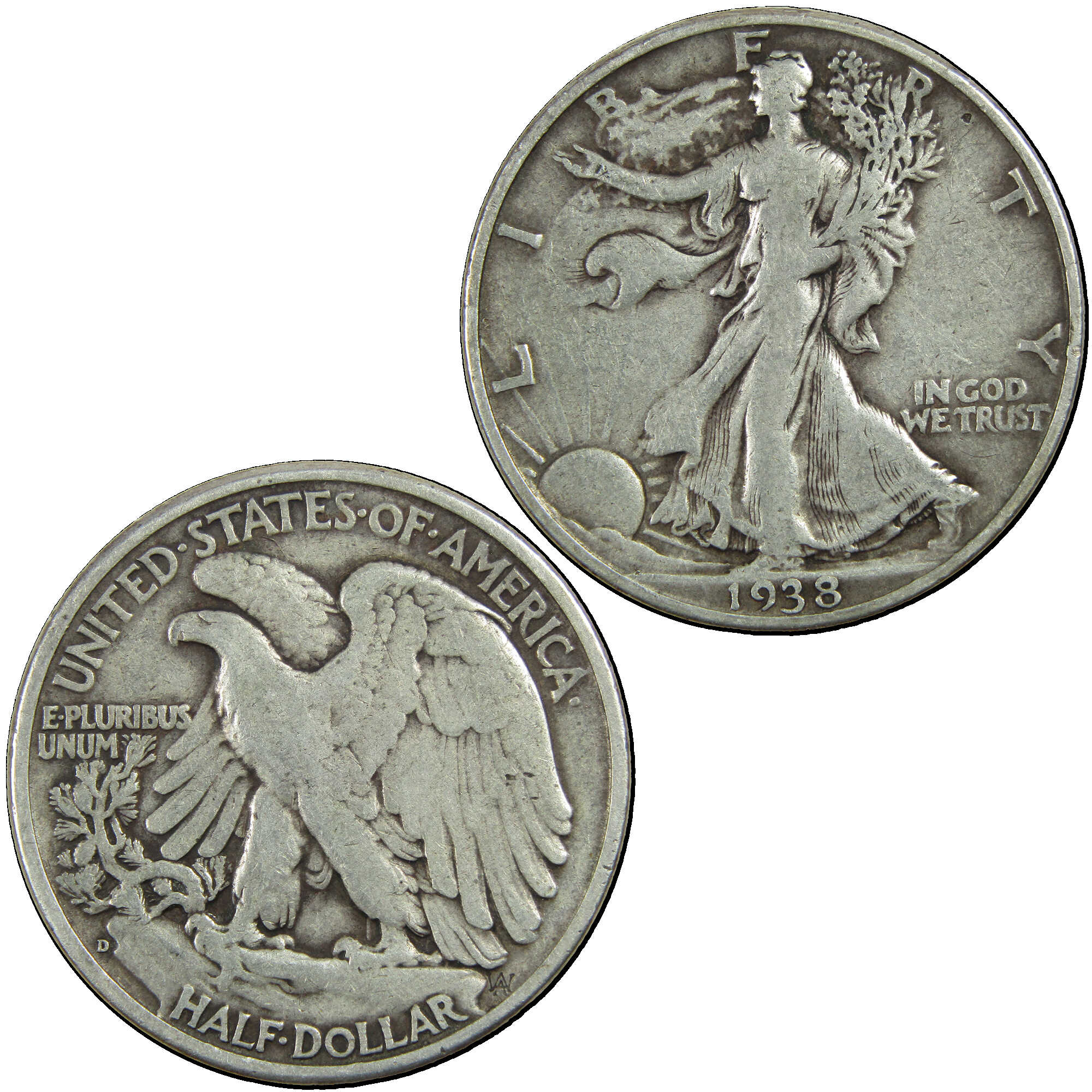 1938 D Liberty Walking Half Dollar F Fine Silver 50c Coin SKU:I12878