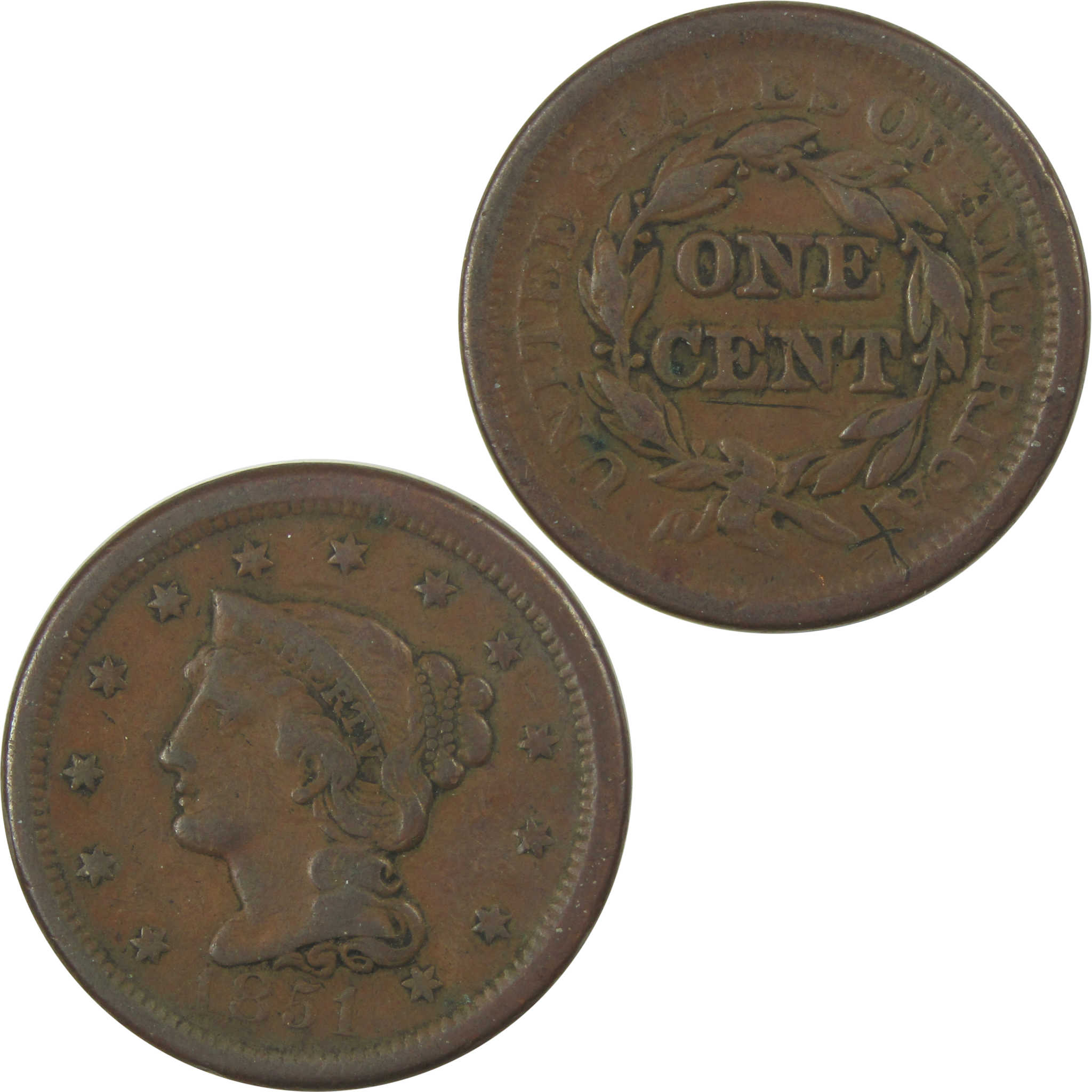 1851 Braided Hair Large Cent F Fine Copper Penny 1c Coin SKU:I22252