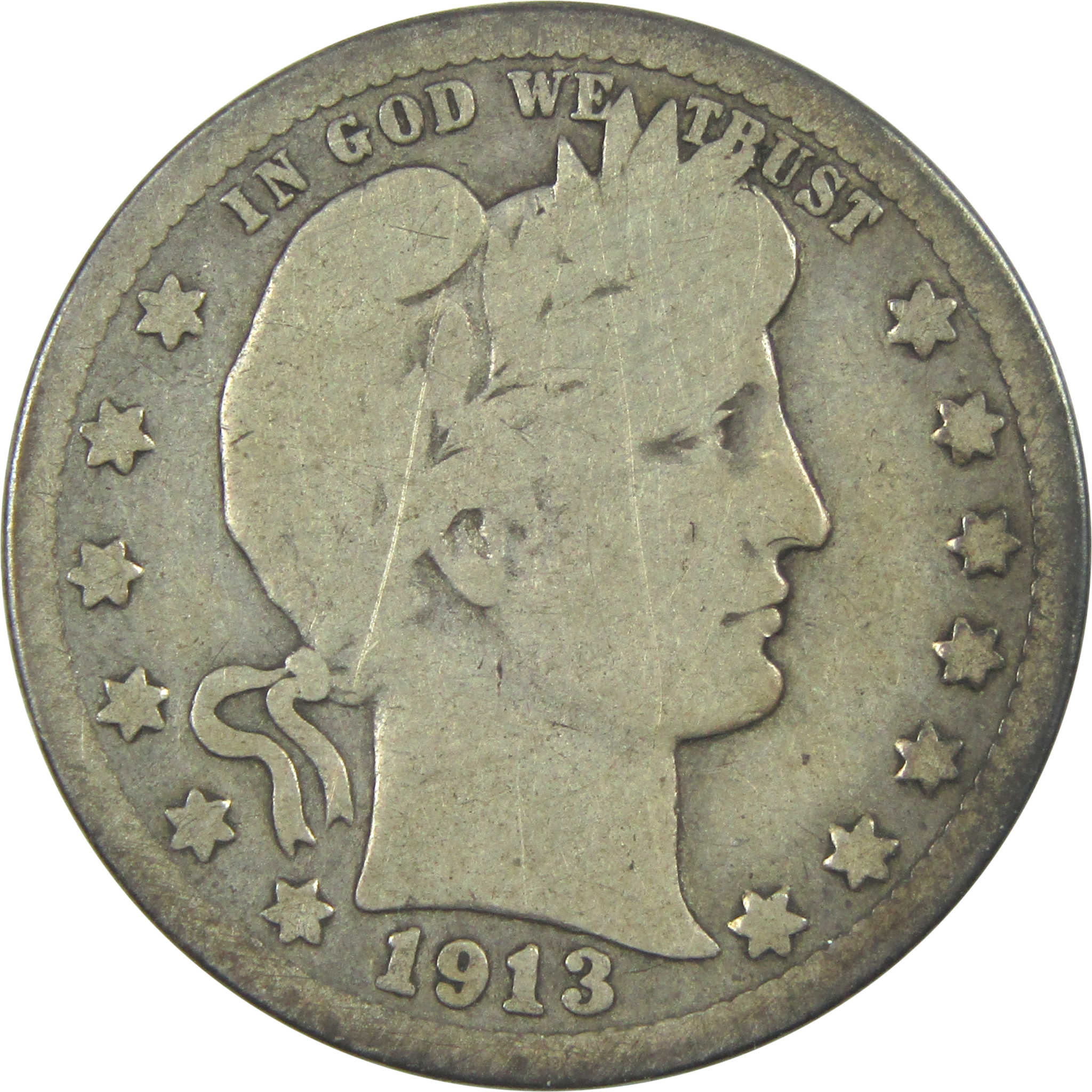 1913 Barber Quarter G Good Silver 25c Coin SKU:I15304