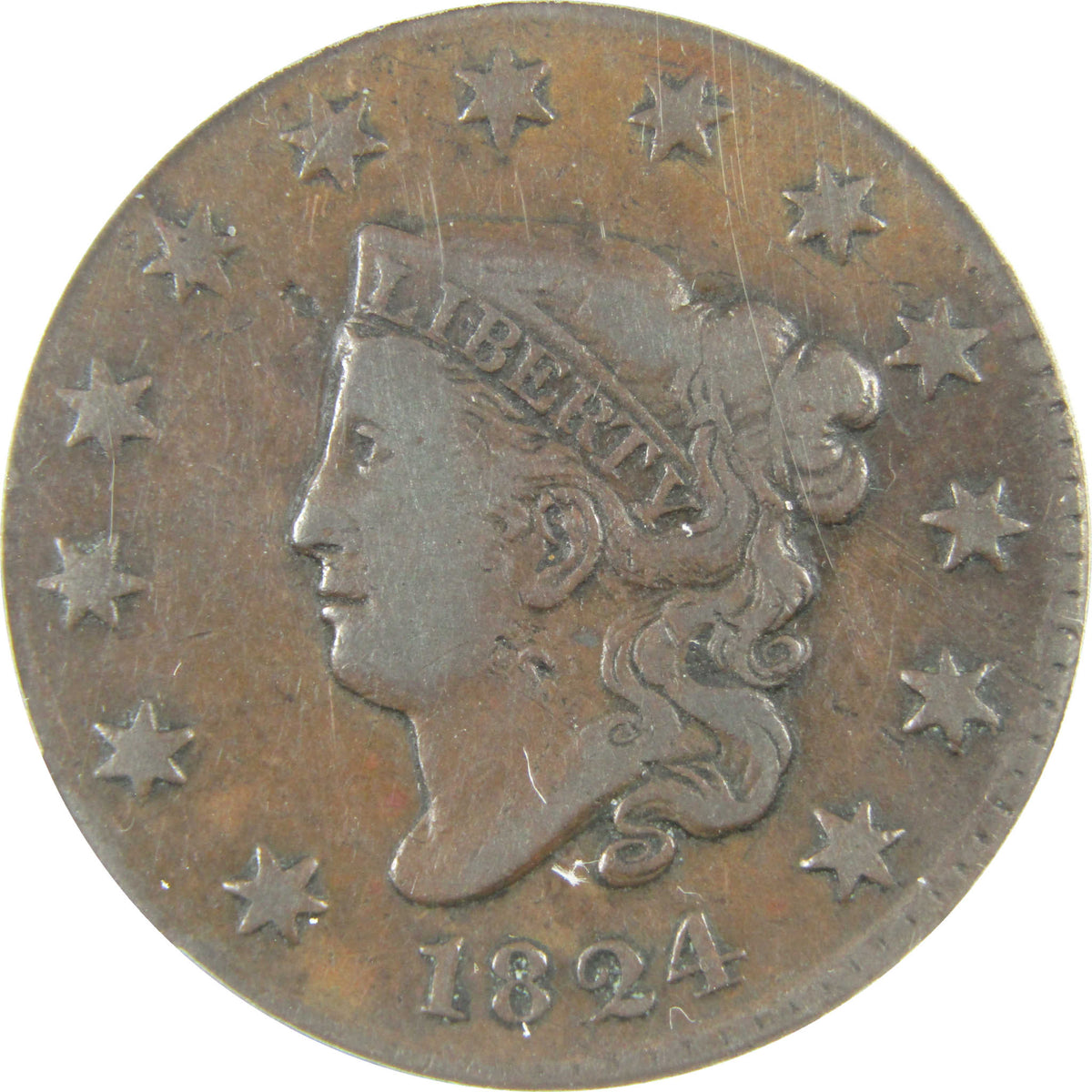 1824 Coronet Head Copper Large Cent F 15 Details ANACS Coin SKU:I28696