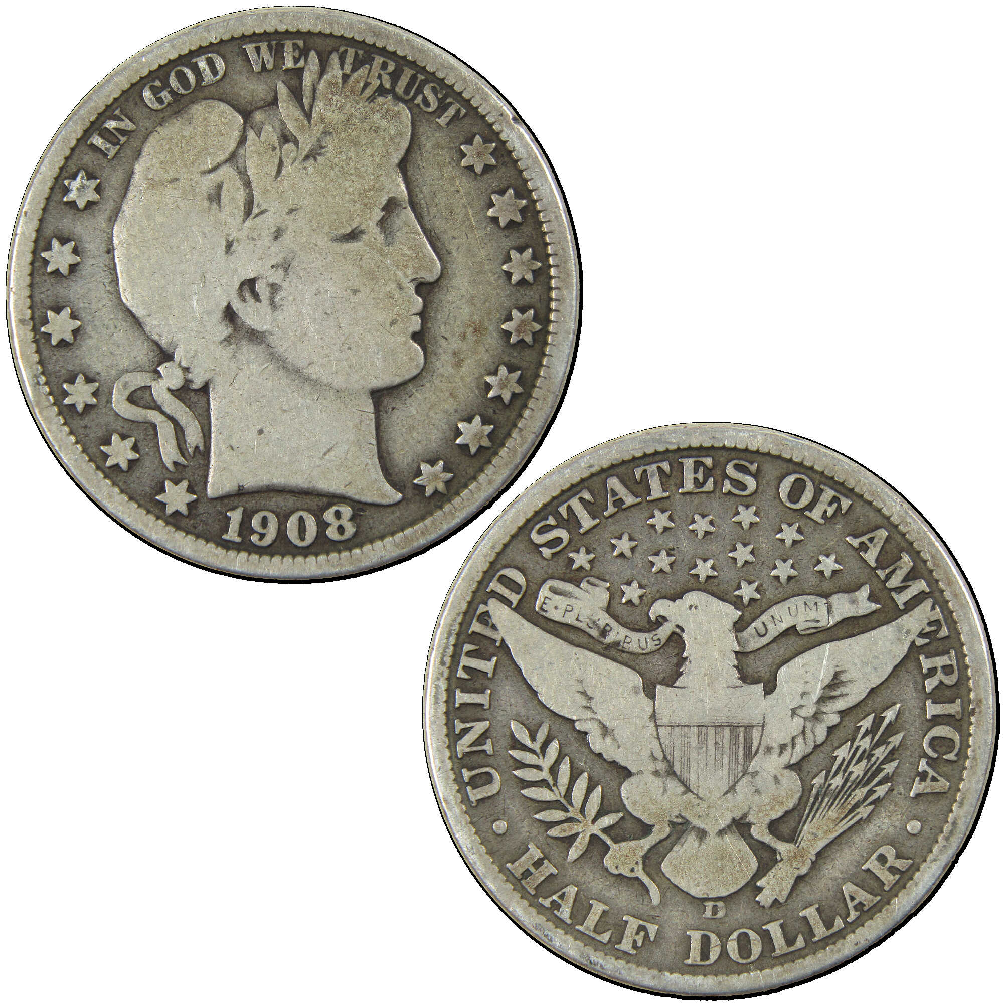 1908 D Barber Half Dollar G Good Silver 50c Coin SKU:I12787
