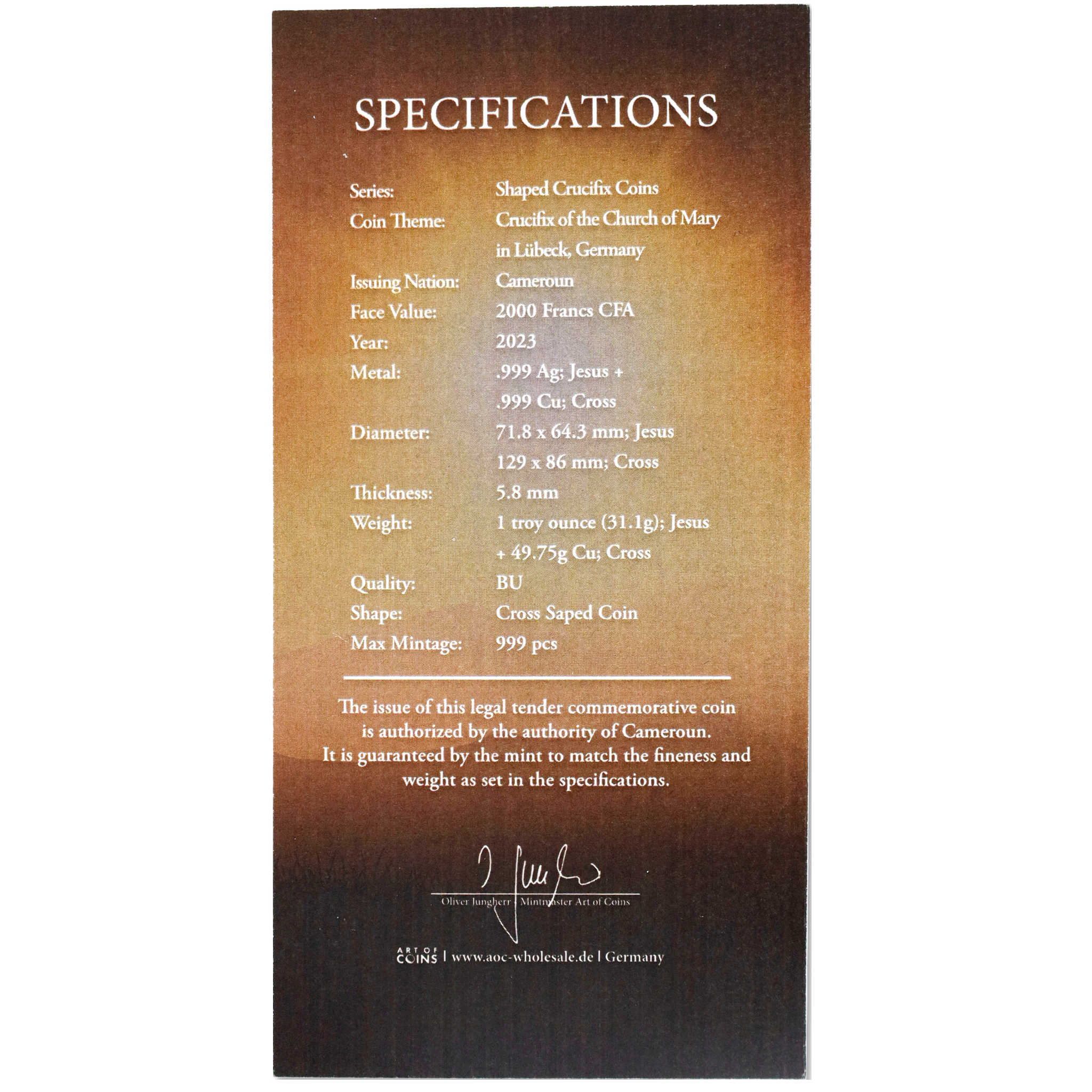 Crucifix of the Church of Mary Cross-Shaped Coin 2023 Cameroon COA