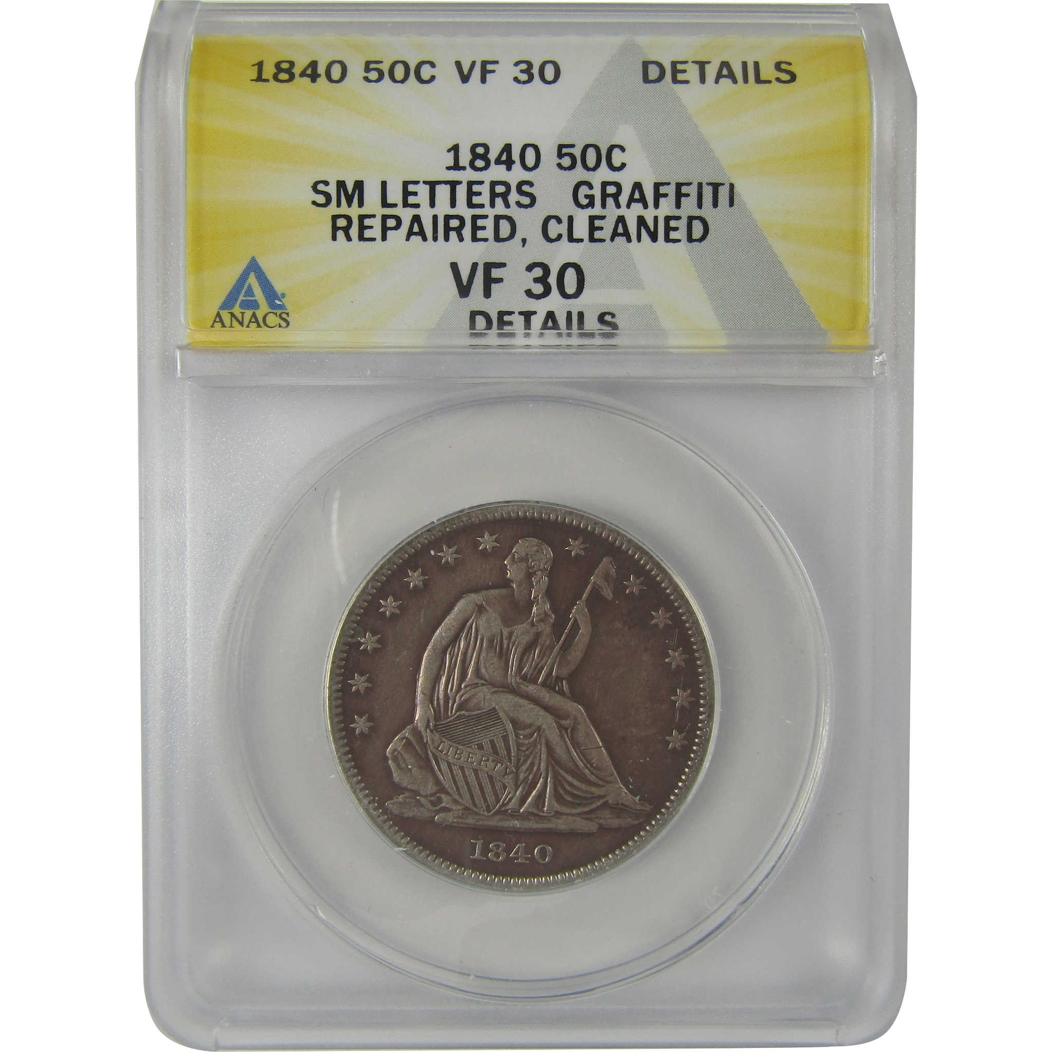 1840 Small Letters Seated Liberty 50C VF 30 Details ANACS SKU:I22970