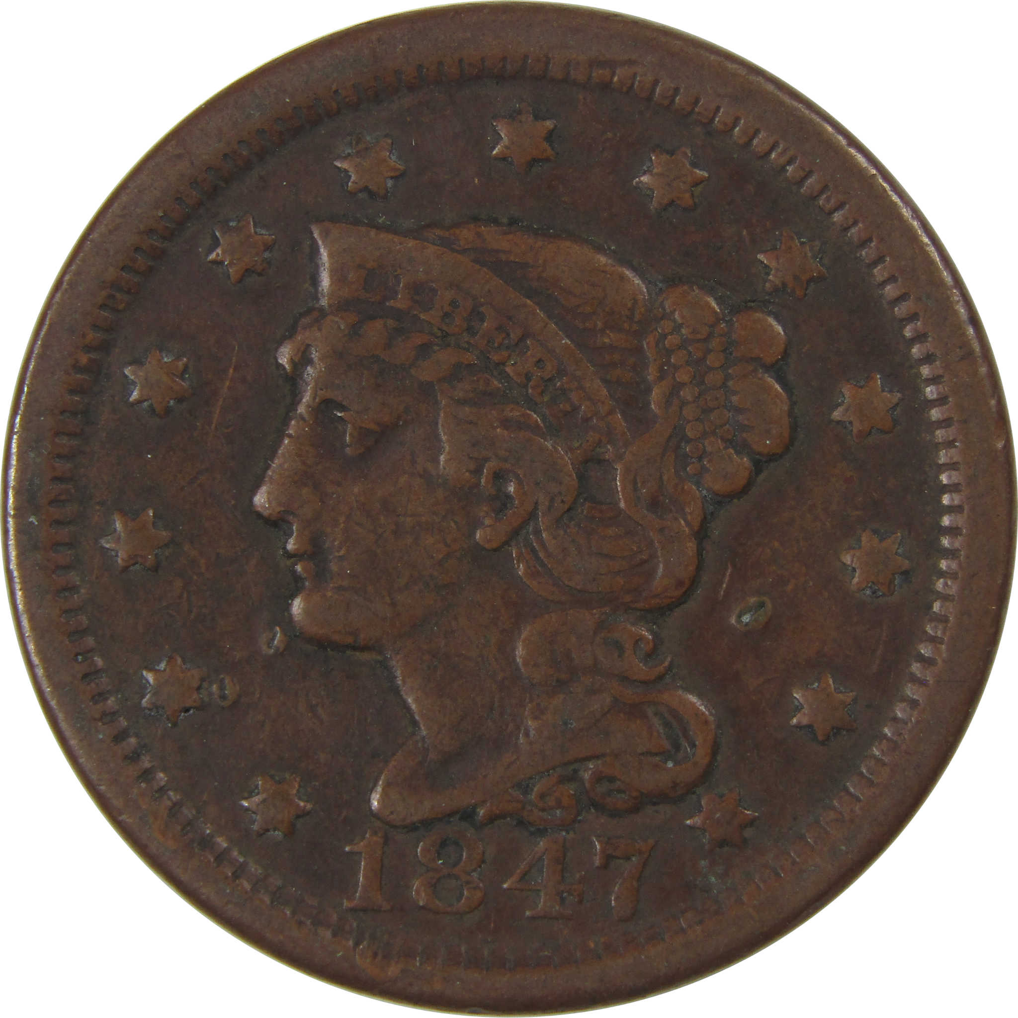 1847 Braided Hair Large Cent VF Very Fine Copper Penny SKU:I23841