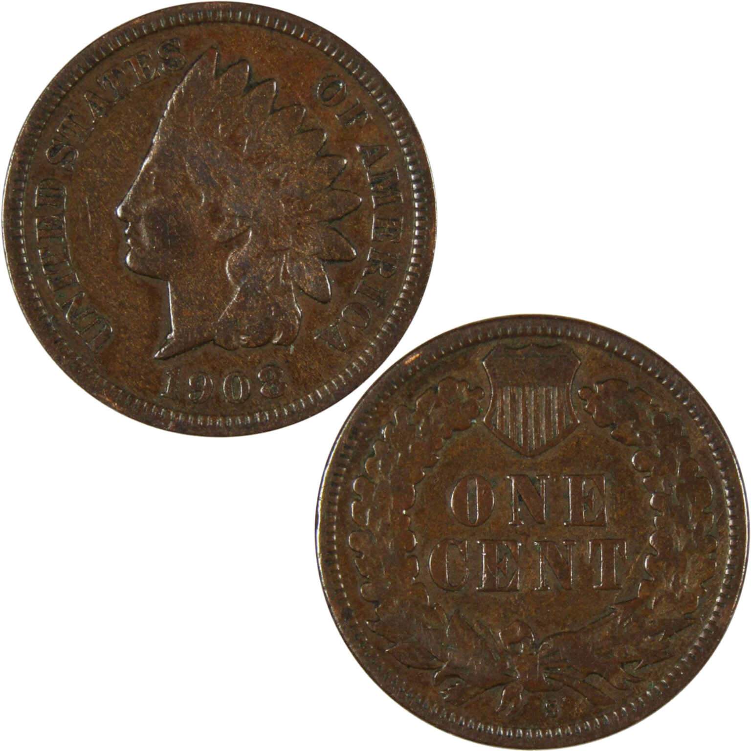 1908 S Indian Head Cent F Fine Penny 1c Coin