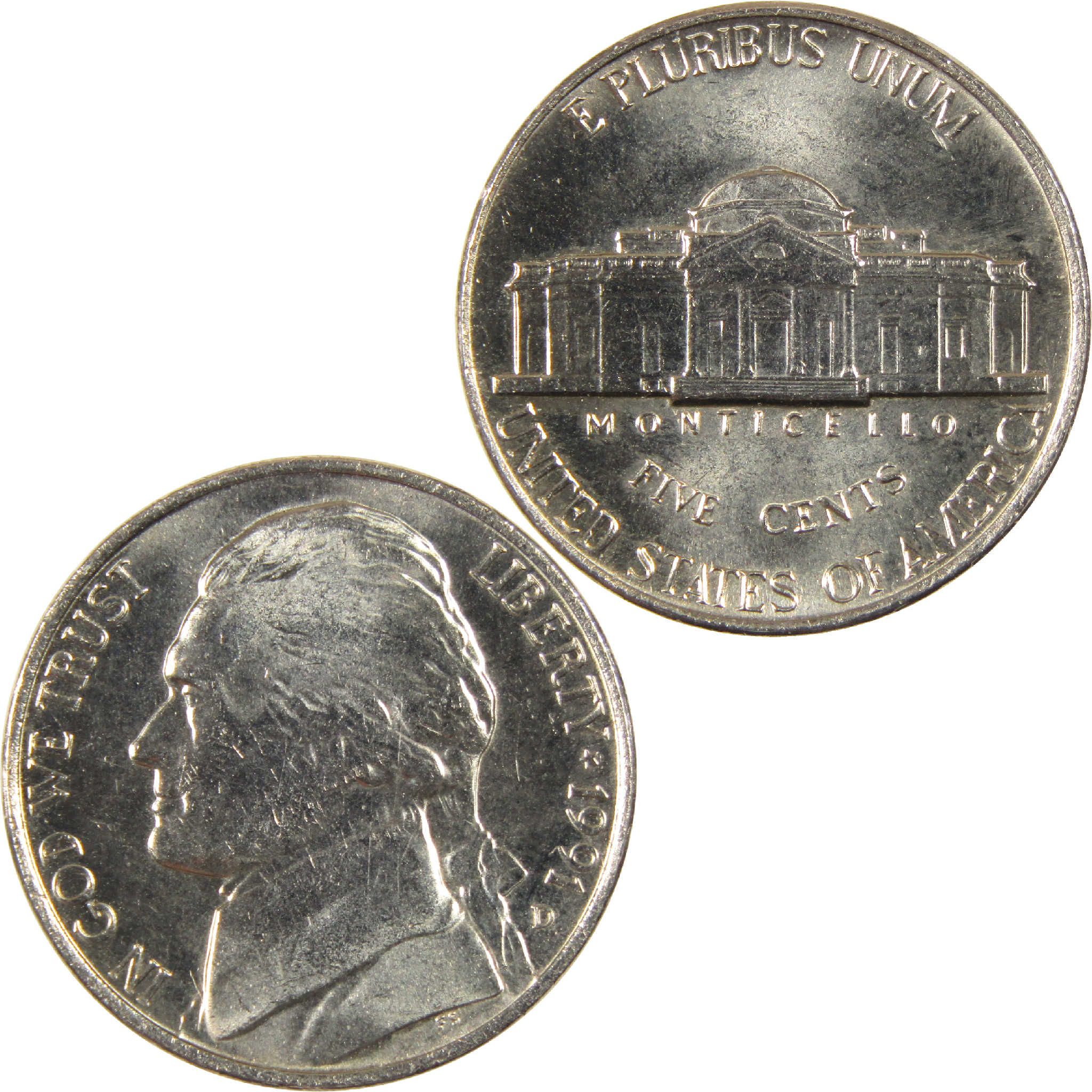 1991 D Jefferson Nickel Uncirculated 5c Coin